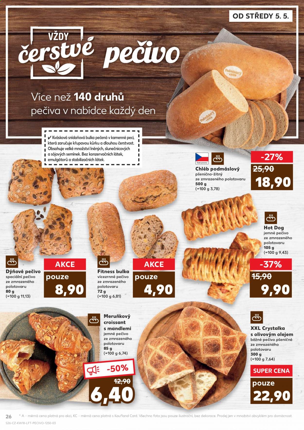 thumbnail - Leták Kaufland - 5.5.2021 - 11.5.2021 - Produkty v akci - croissant, chléb, dýňové pečivo, bulka, hot dog, crystalka, pečivo. Strana 26.