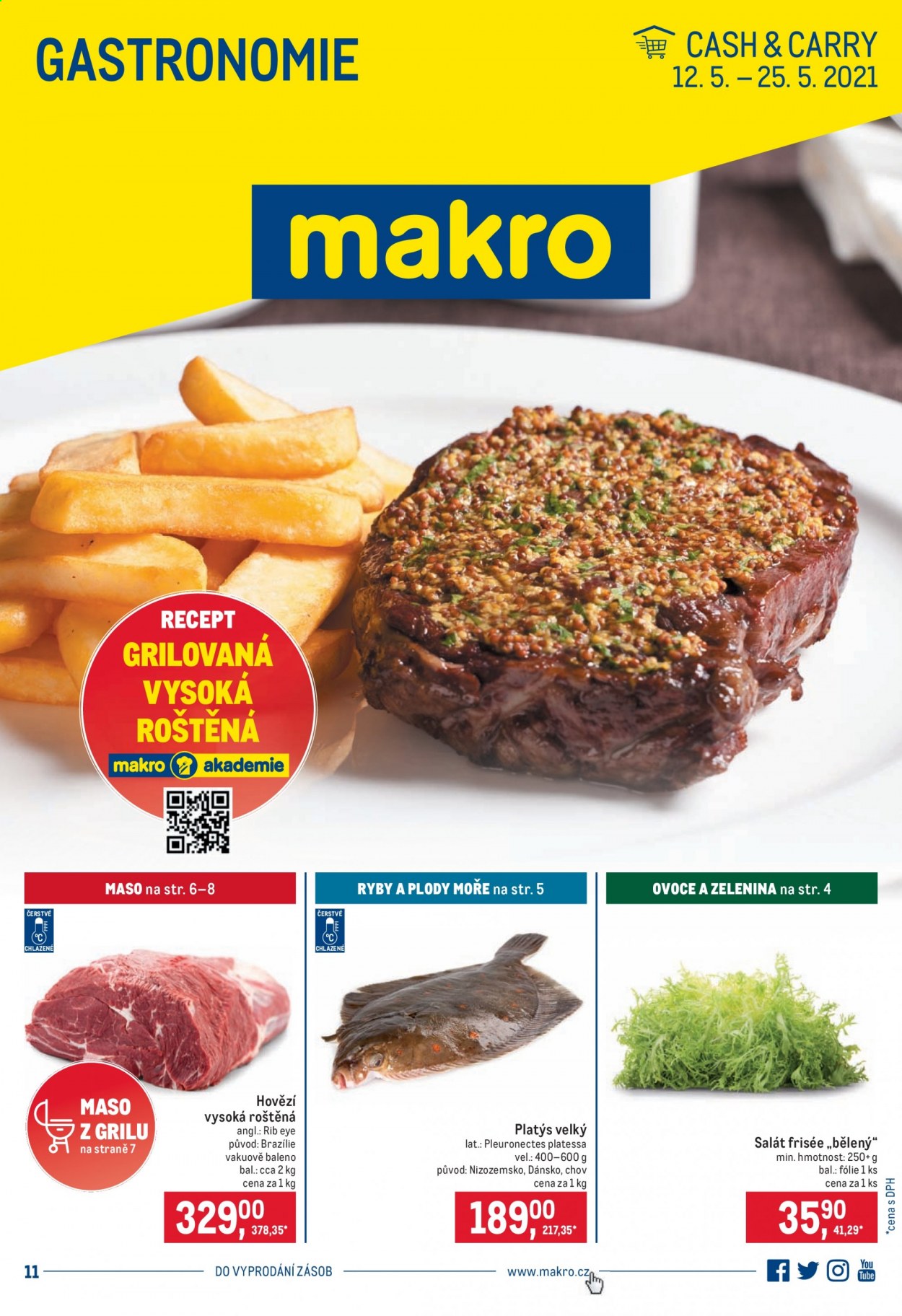 thumbnail - Leták MAKRO - 12.5.2021 - 25.5.2021 - Produkty v akci - platýs, platýs velký, salát, hovězí maso, hovězí vysoká roštěná, rib eye steak. Strana 1.