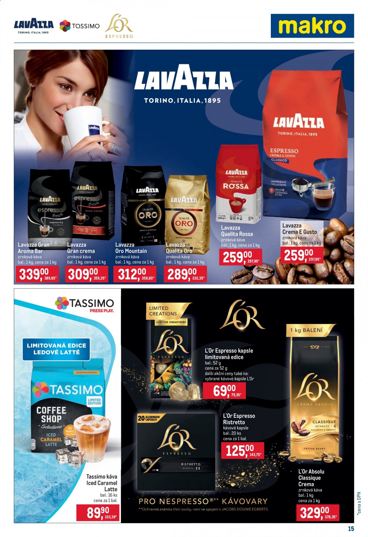 thumbnail - Leták MAKRO - 12.5.2021 - 8.6.2021 - Produkty v akci - Latte, Tassimo, Espresso, kapsle, kávové kapsle, L'Or, káva, Lavazza, zrnková káva. Strana 15.