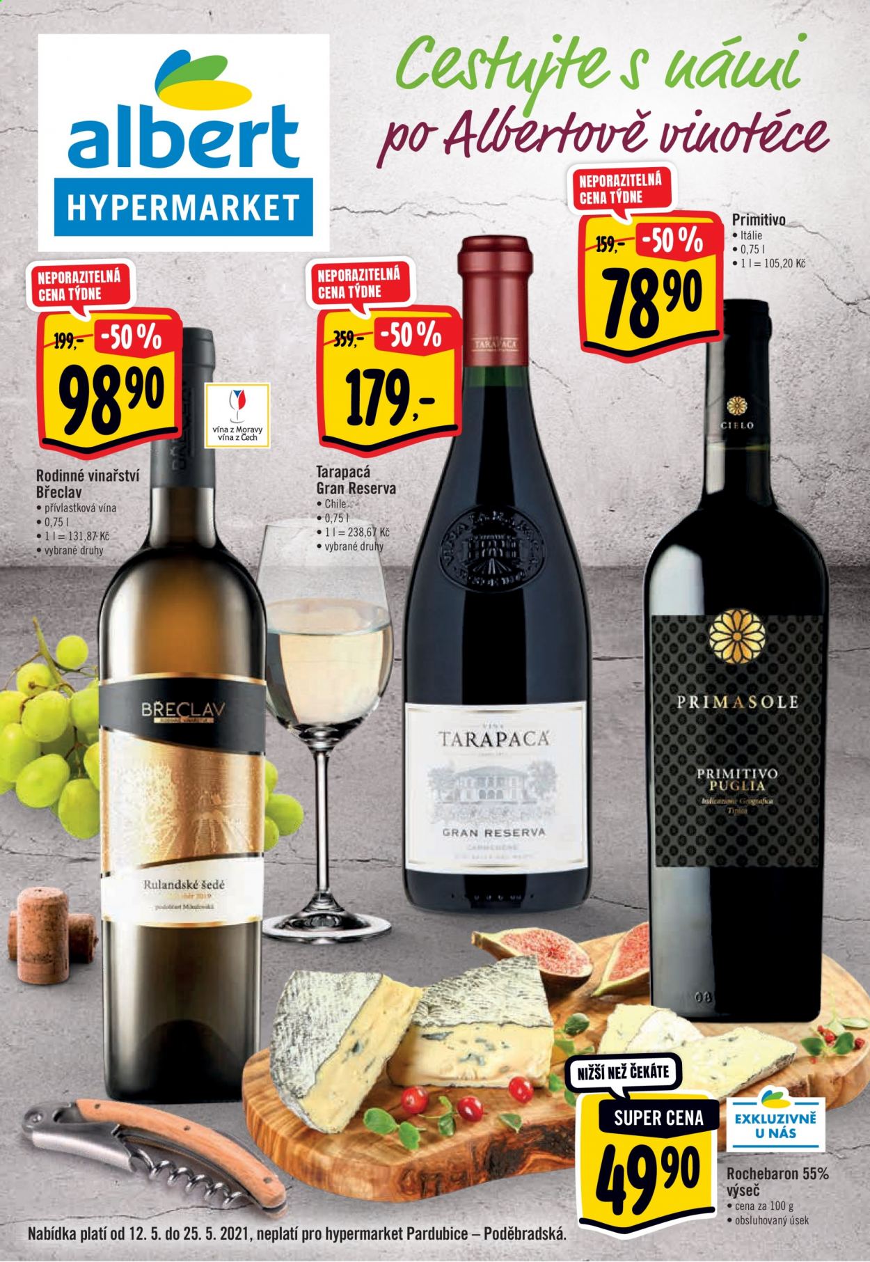 thumbnail - Leták Albert Hypermarket - 12.5.2021 - 25.5.2021 - Produkty v akci - Rochebaron, sýr, Rodinné vinařství Břeclav, alkohol, Tarapacá, víno. Strana 1.