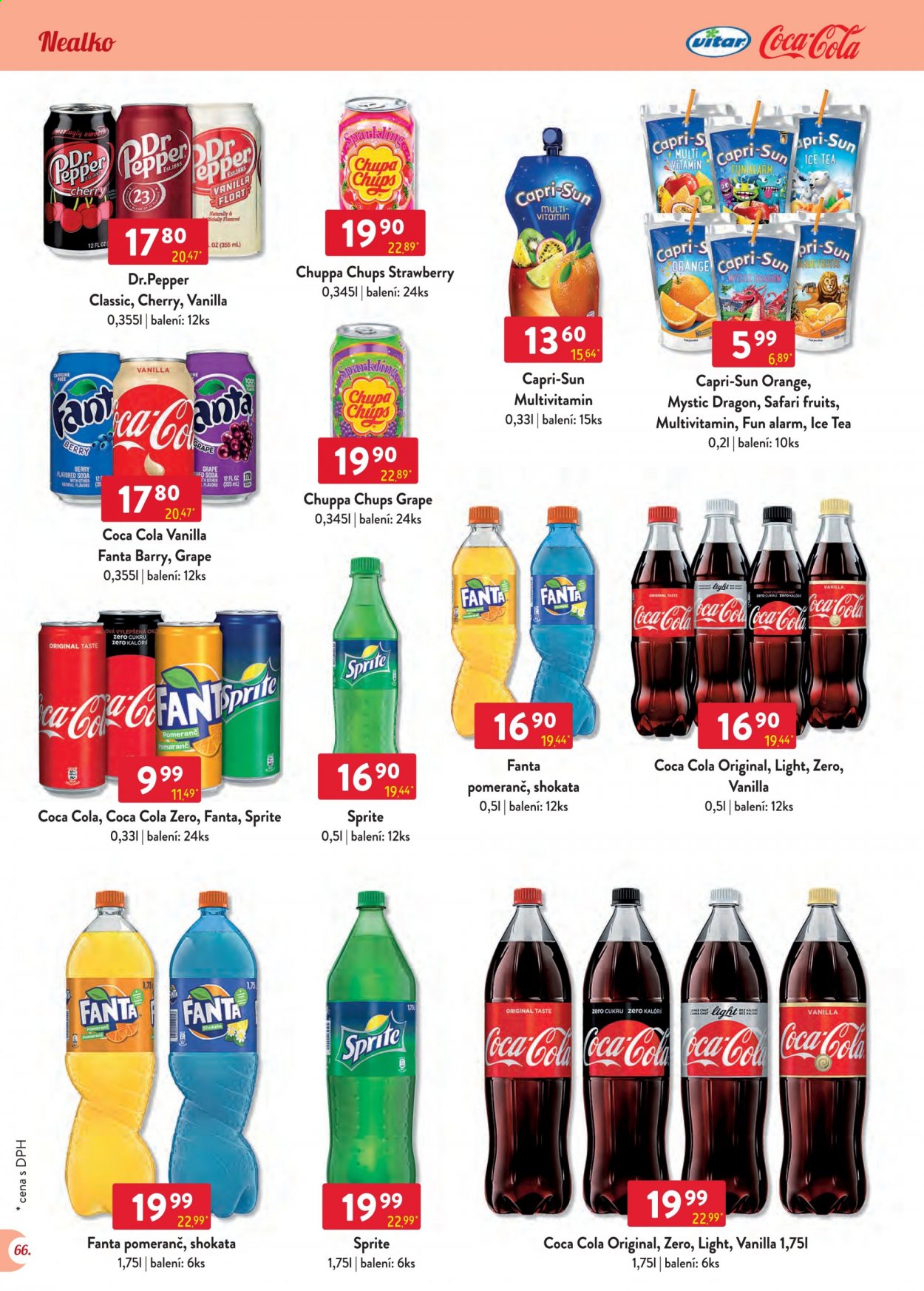 thumbnail - Leták Astur & Qanto velkoobchod - 1.6.2021 - 30.6.2021 - Produkty v akci - lízátko, Chupa Chups, Fanta, Capri-Sun, limonáda, Coca-Cola, Sprite, ledový čaj, ovocný nápoj, dětský nápoj, Dr Pepper, soda, vitamin. Strana 66.