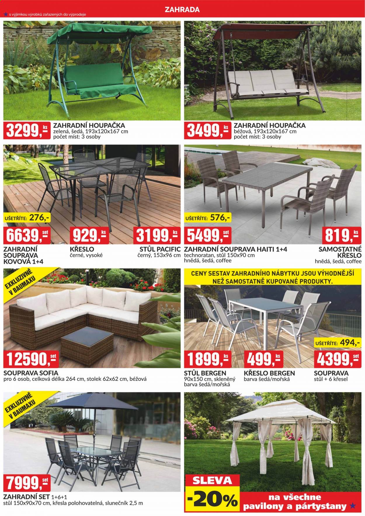 thumbnail - Leták Baumax - 1.6.2021 - 30.6.2021 - Produkty v akci - stůl, stolek, křeslo, houpačka, zahradní nábytek, zahradní houpačka, slunečník. Strana 38.
