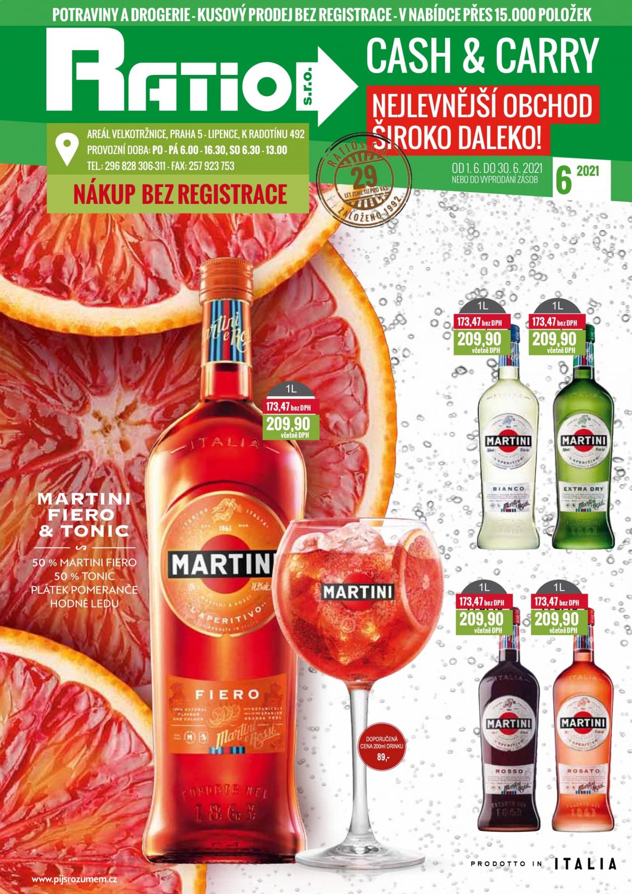 thumbnail - Leták Ratio - 1.6.2021 - 30.6.2021 - Produkty v akci - pomeranče, alkohol, Martini. Strana 72.