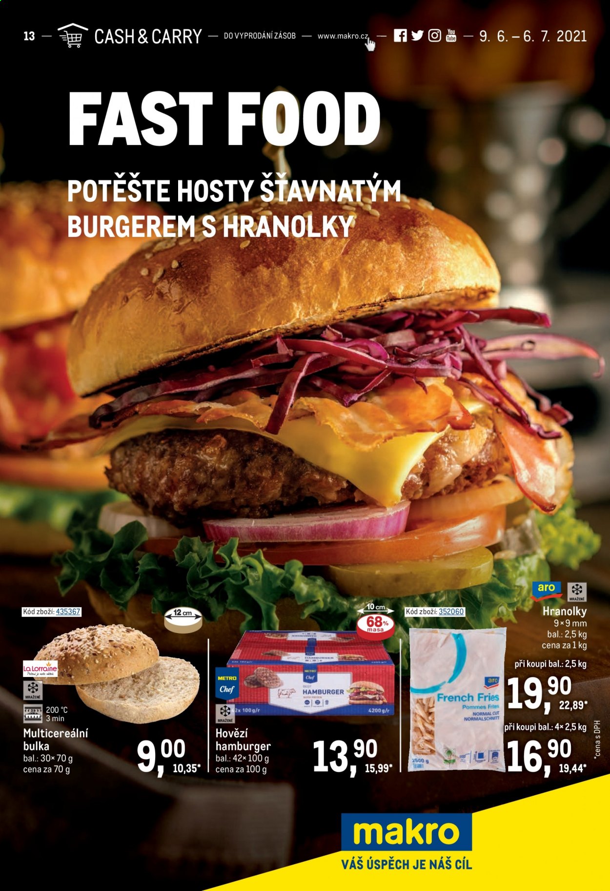 thumbnail - Leták MAKRO - 9.6.2021 - 6.7.2021 - Produkty v akci - burger, bulka, hranolky. Strana 1.