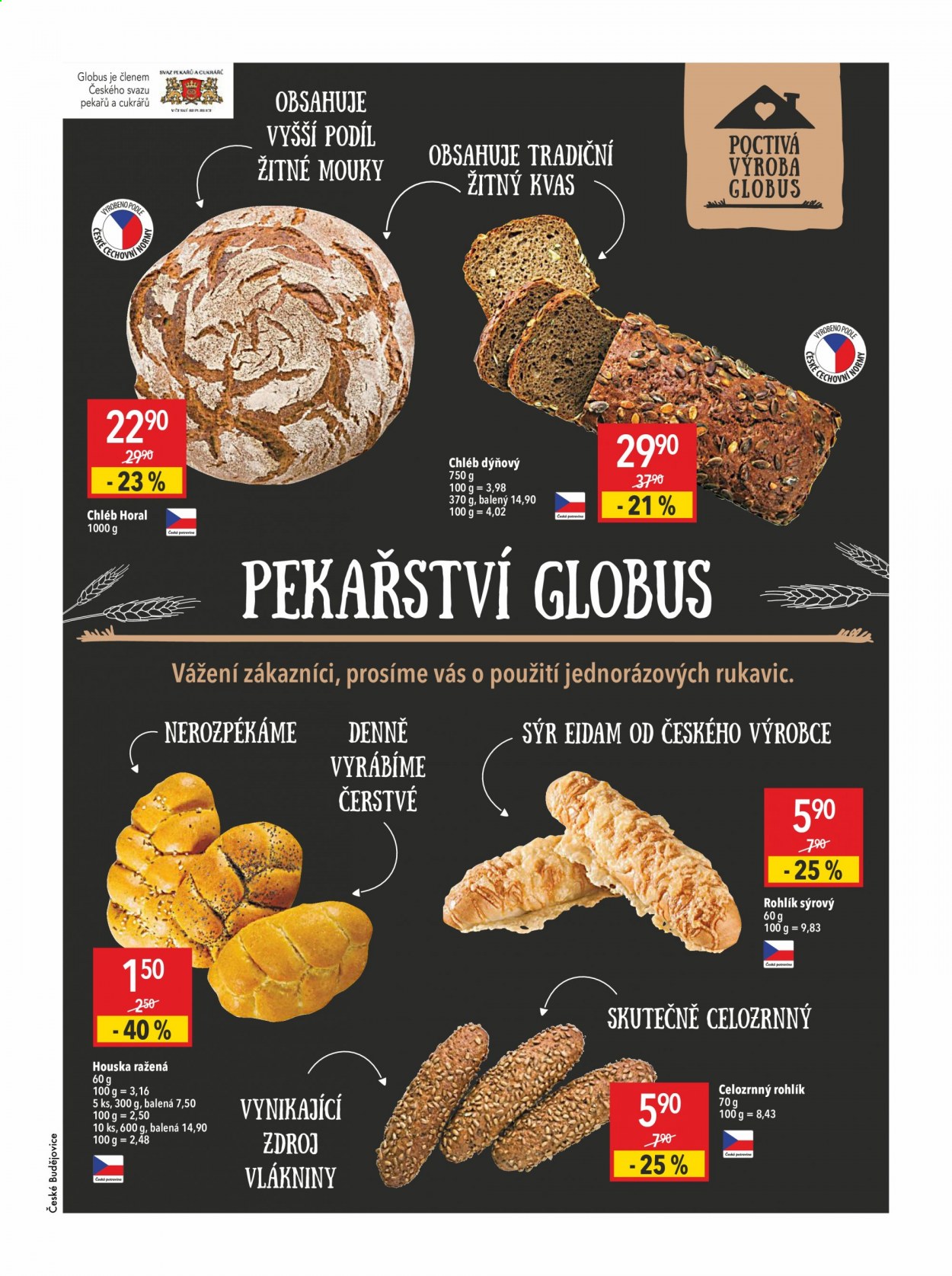 thumbnail - Leták Globus - 10.6.2021 - 16.6.2021 - Produkty v akci - houska, chléb, dýňový chléb, pečivo, rohlík, sýrový rohlík. Strana 9.