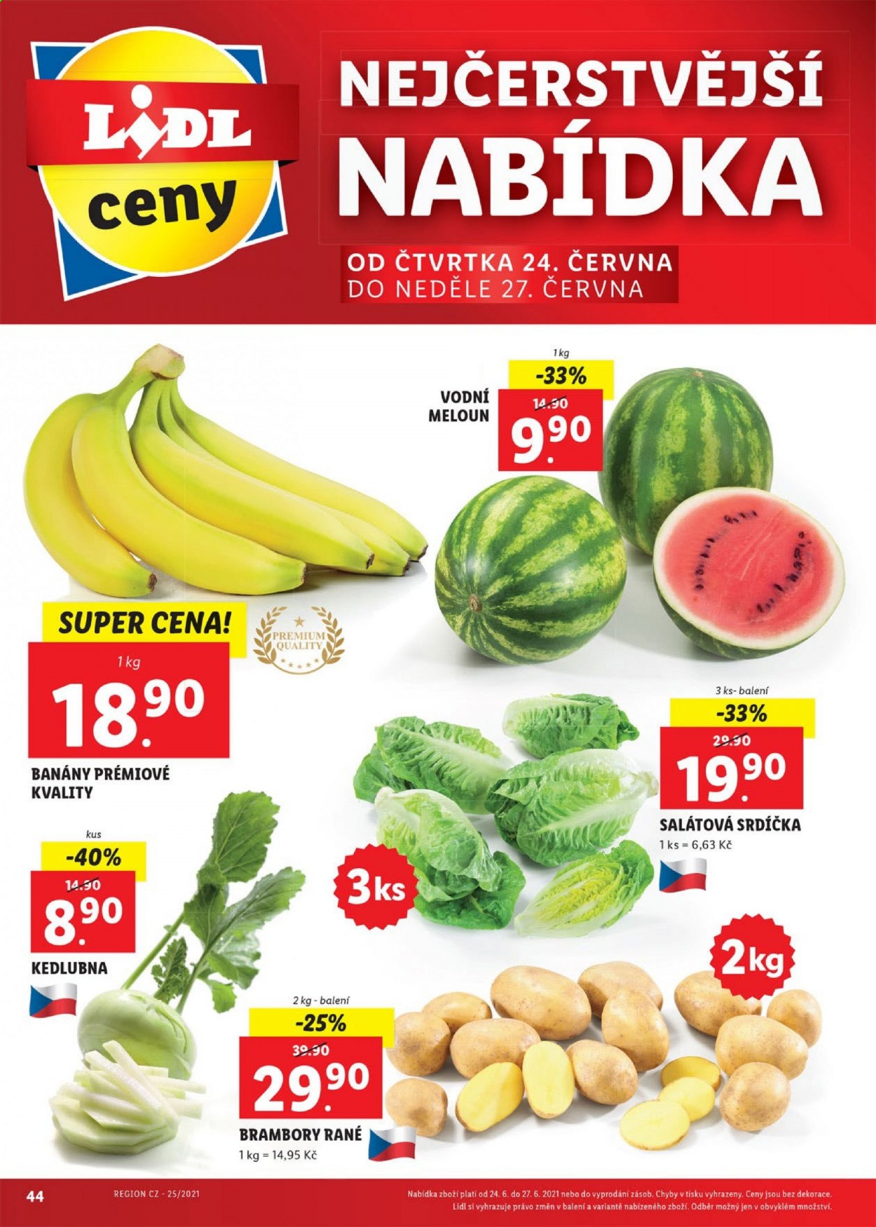 thumbnail - Leták Lidl - 21.6.2021 - 27.6.2021 - Produkty v akci - brambory, kedlubna, banány, meloun. Strana 44.