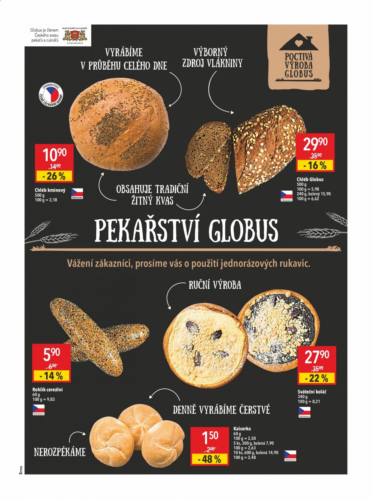 thumbnail - Leták Globus - 17.6.2021 - 23.6.2021 - Produkty v akci - kaiserka, koláč, rohlík, chléb, pečivo. Strana 11.