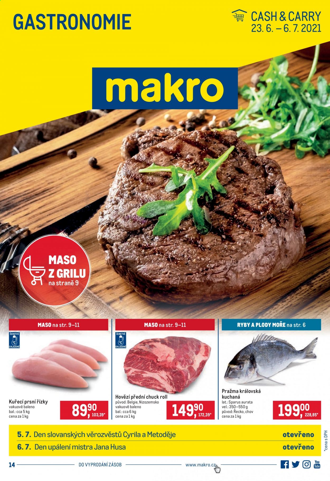 thumbnail - Leták MAKRO - 23.6.2021 - 6.7.2021 - Produkty v akci - pražma, kuřecí maso, kuřecí prsa, hovězí maso, hovězí přední. Strana 1.