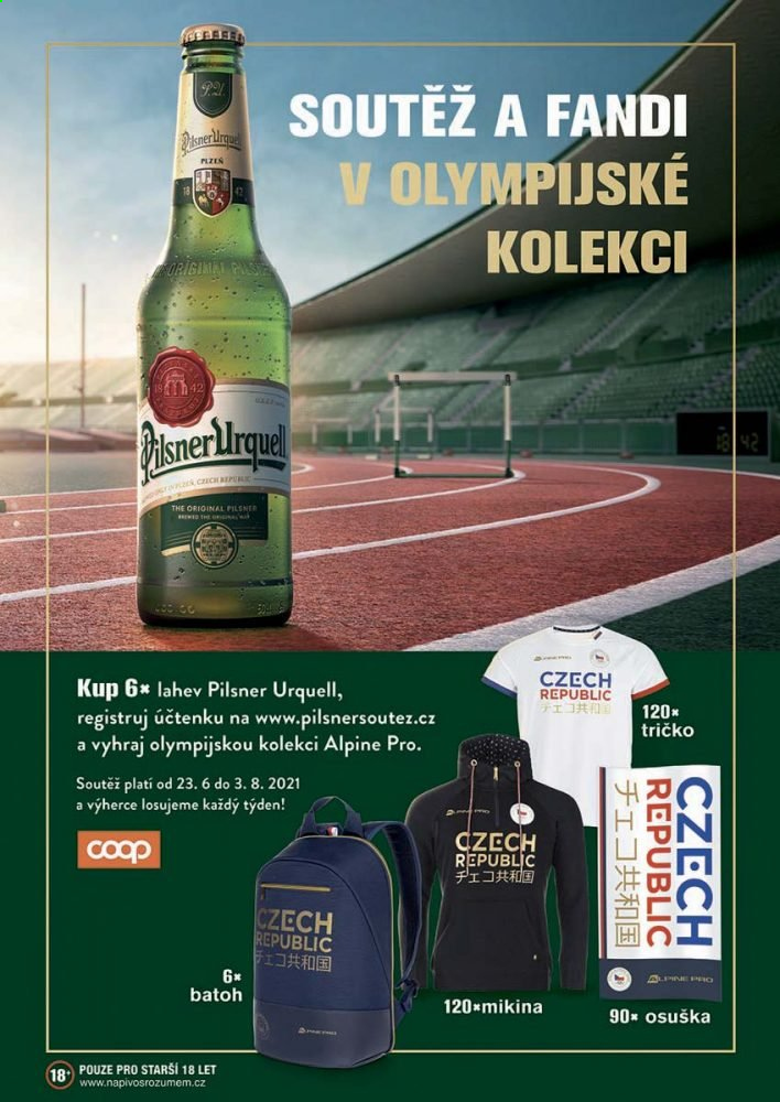 thumbnail - Leták coop TUTY - 23.6.2021 - 6.7.2021 - Produkty v akci - Pilsner Urquell, pivo, alkohol, láhev, batoh, osuška, Alpine Pro. Strana 8.