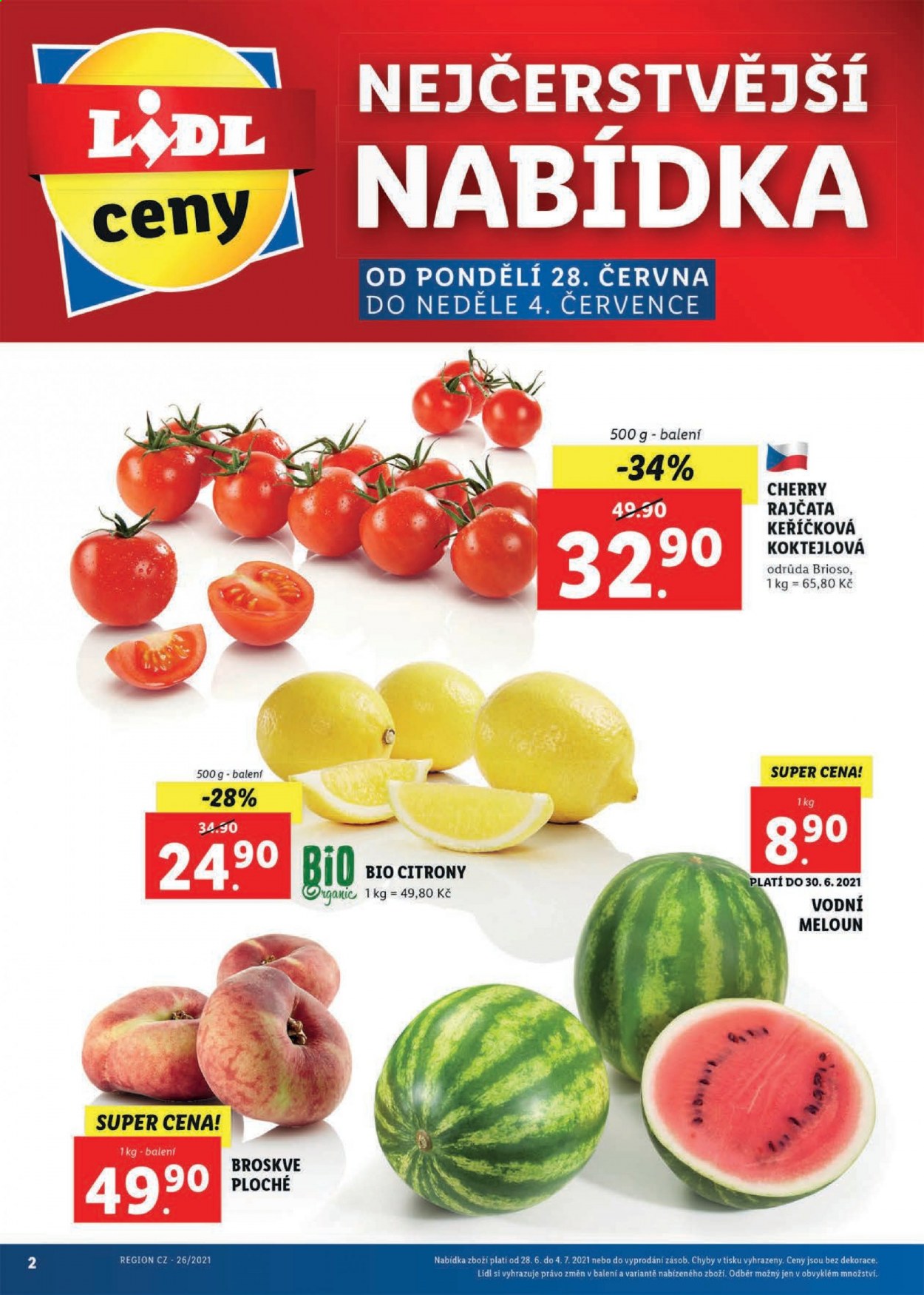 thumbnail - Leták Lidl - 28.6.2021 - 4.7.2021 - Produkty v akci - rajčata, rajčata cherry, broskve, citróny, meloun. Strana 2.
