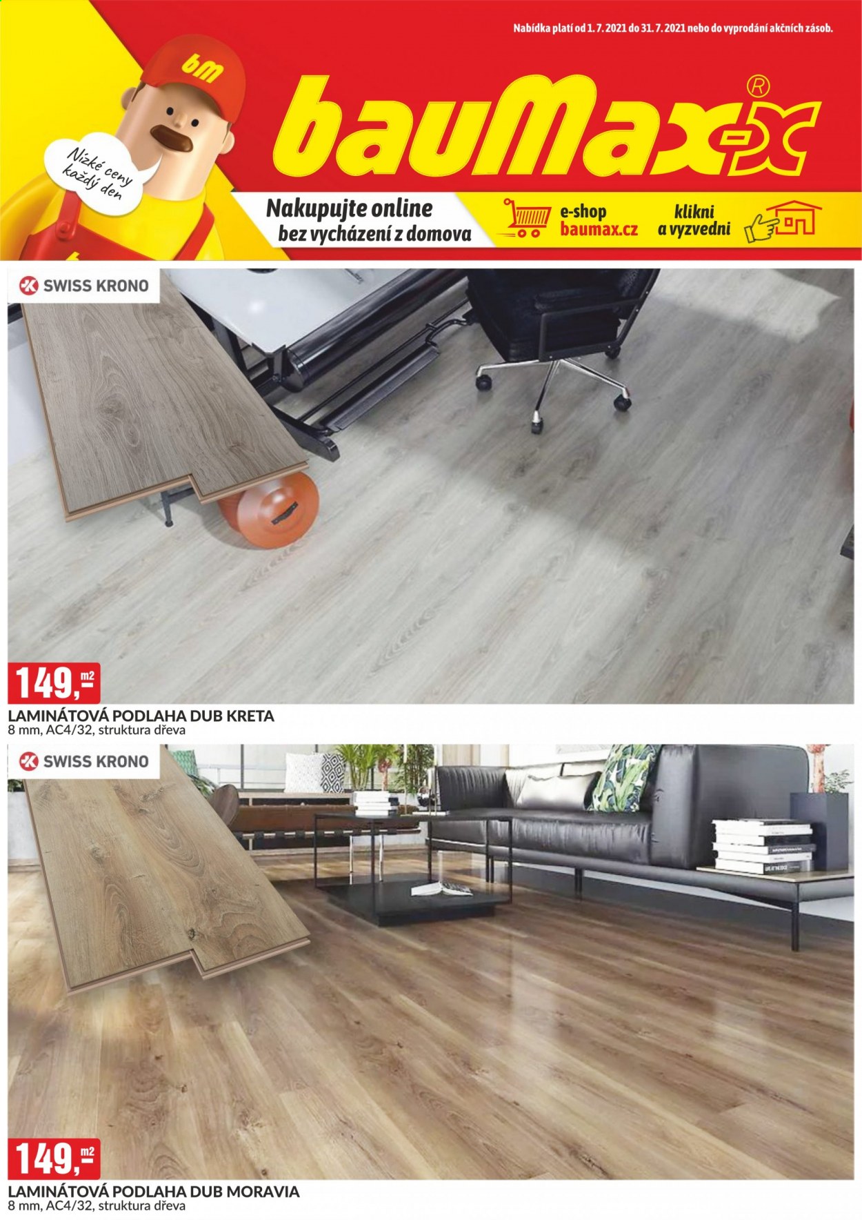 thumbnail - Leták Baumax - 1.7.2021 - 31.7.2021 - Produkty v akci - podlaha, laminátová podlaha. Strana 1.