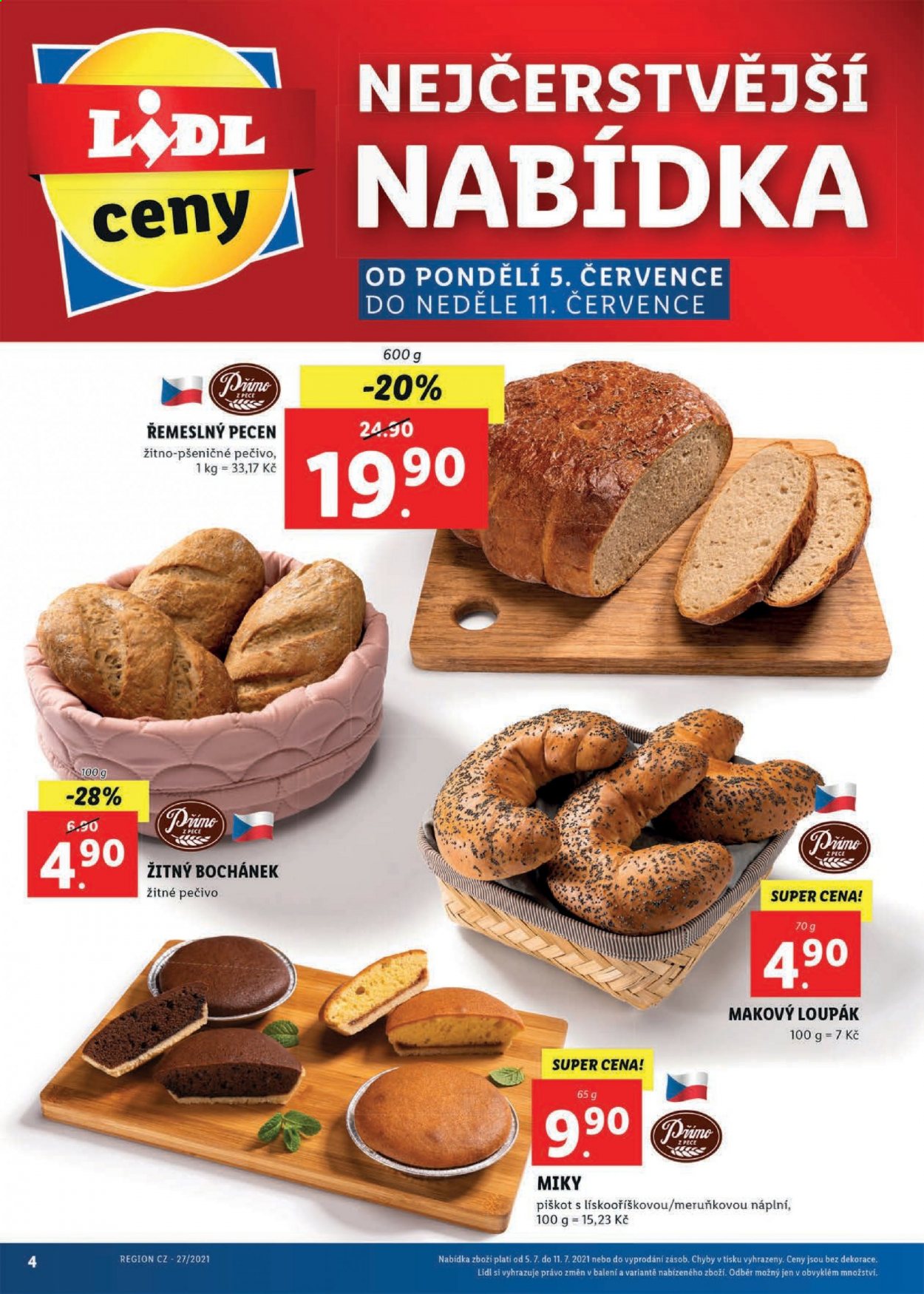 thumbnail - Leták Lidl - 5.7.2021 - 11.7.2021 - Produkty v akci - pečivo, chléb, bochánek, loupák, Miky. Strana 4.