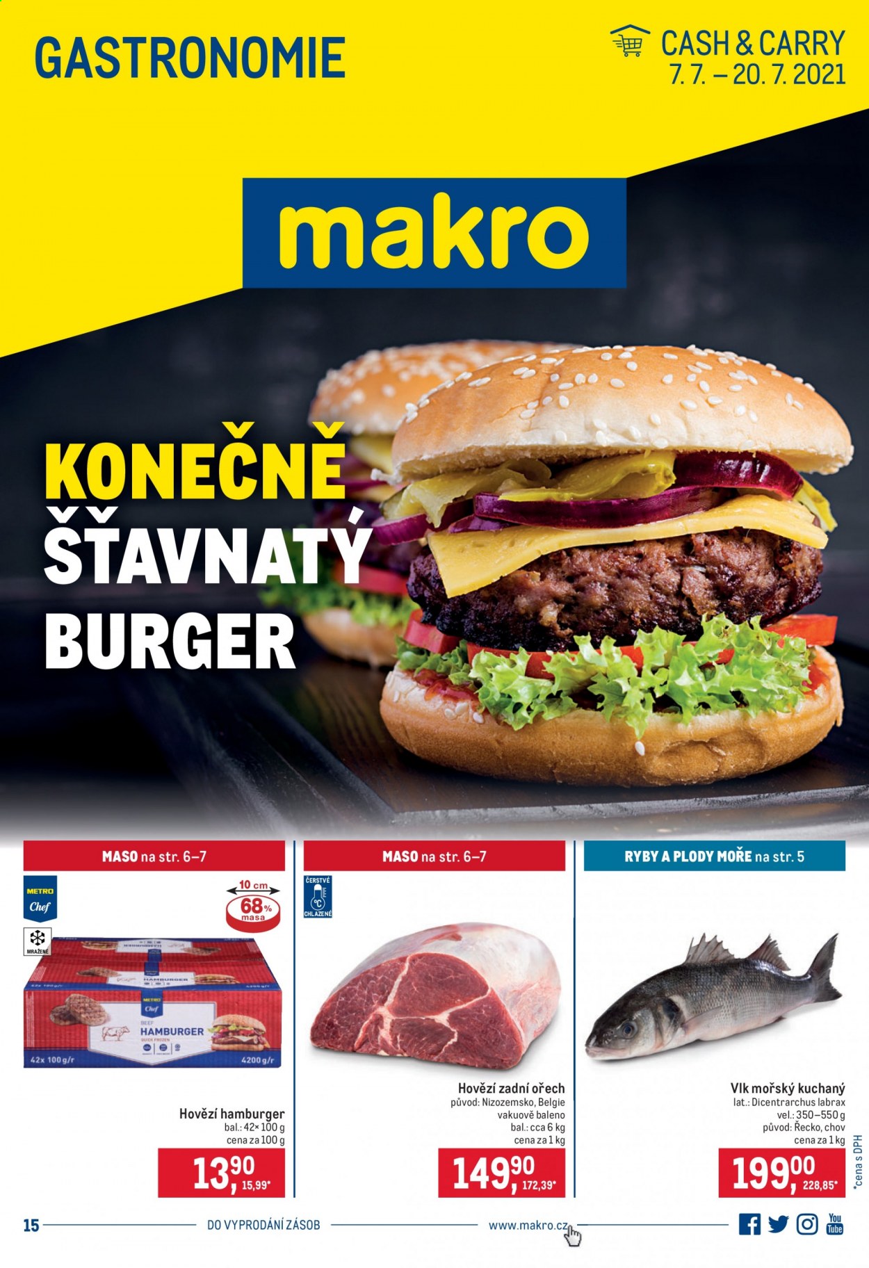 thumbnail - Leták MAKRO - 7.7.2021 - 20.7.2021 - Produkty v akci - mořský vlk, hovězí maso, hovězí zadní, burger. Strana 1.
