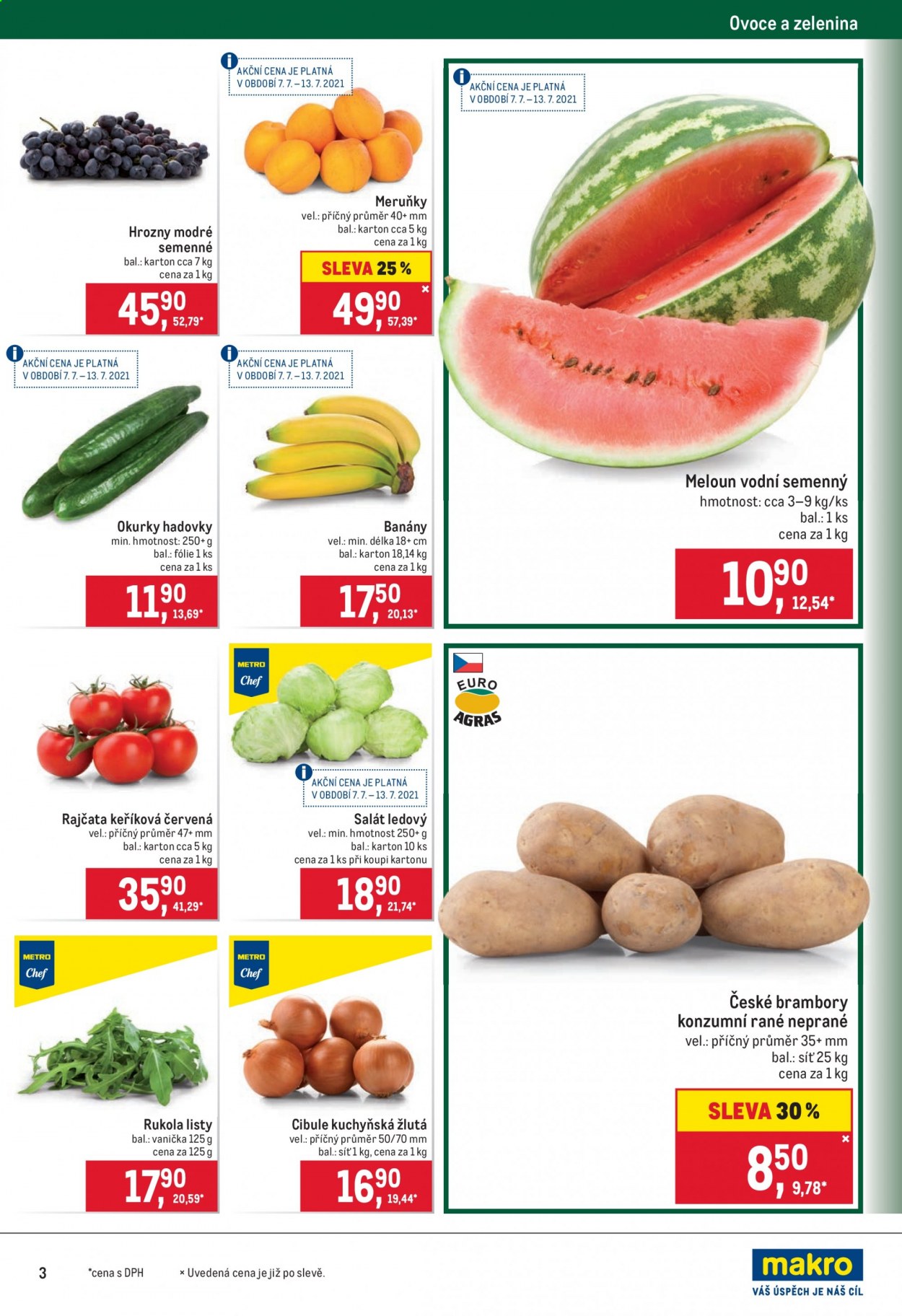 thumbnail - Leták MAKRO - 7.7.2021 - 20.7.2021 - Produkty v akci - meloun, rukola, salát, salát ledový, rajčata, salátová okurka, meruňky, hrozny, banány, cibule, brambory. Strana 3.