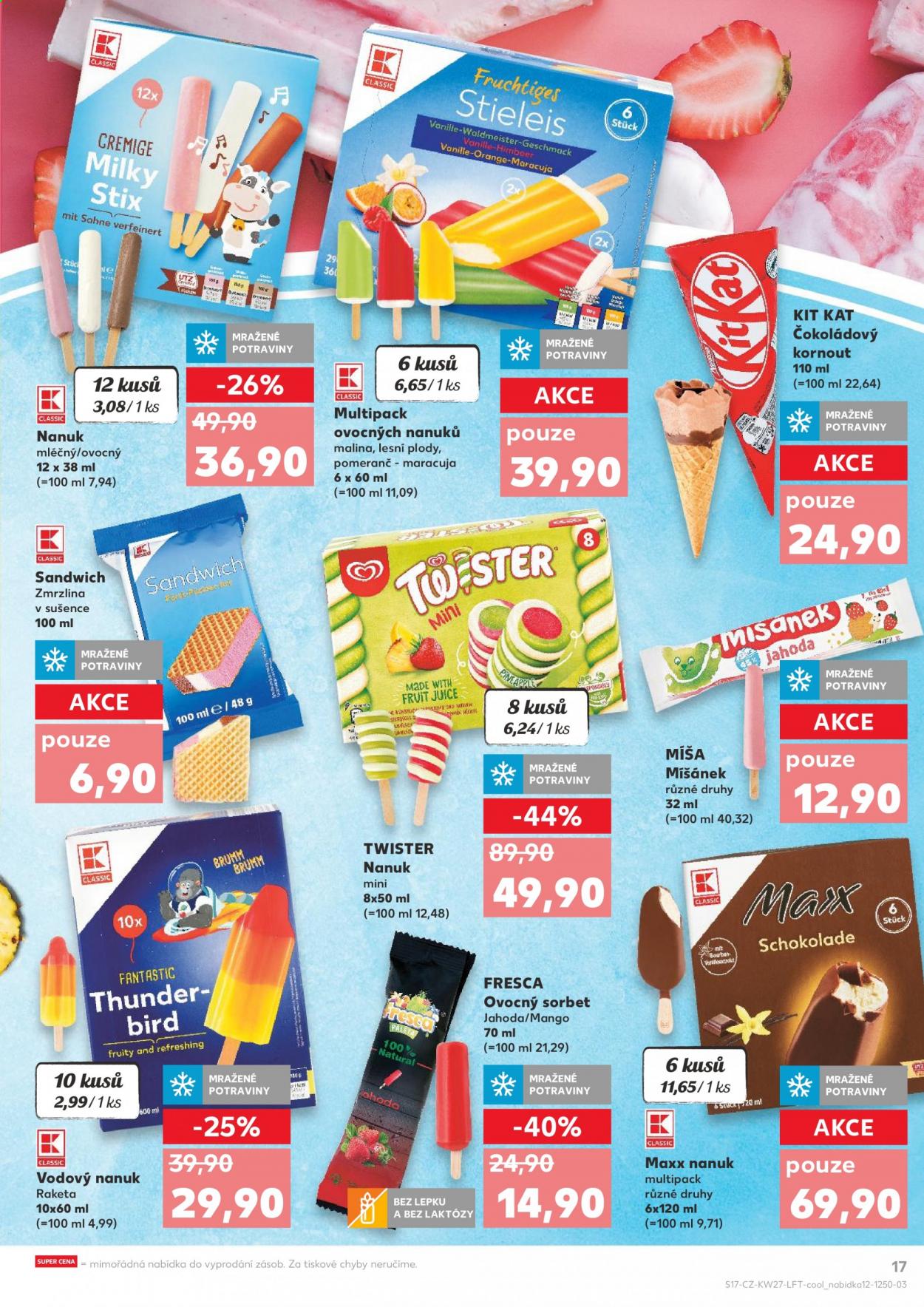 thumbnail - Leták Kaufland - 7.7.2021 - 13.7.2021 - Produkty v akci - Kit Kat, Twister, ovocný sorbet, Míšánek, zmrzlina, nanuk, pomeranče. Strana 17.