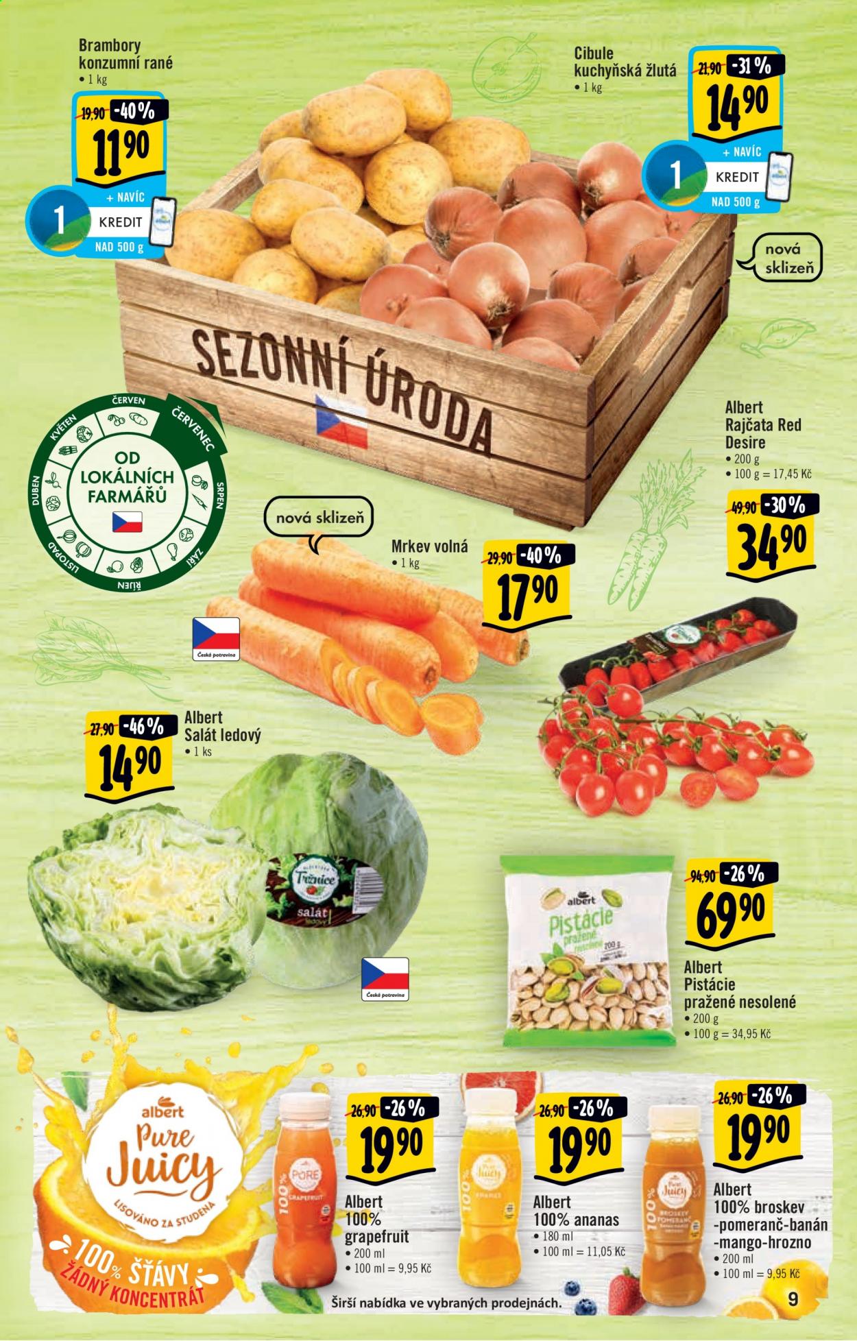 thumbnail - Leták Albert Hypermarket - 14.7.2021 - 20.7.2021 - Produkty v akci - lisovaná šťáva, salát, salát ledový, rajčata, cibule, pistácie, mrkev, brambory. Strana 9.