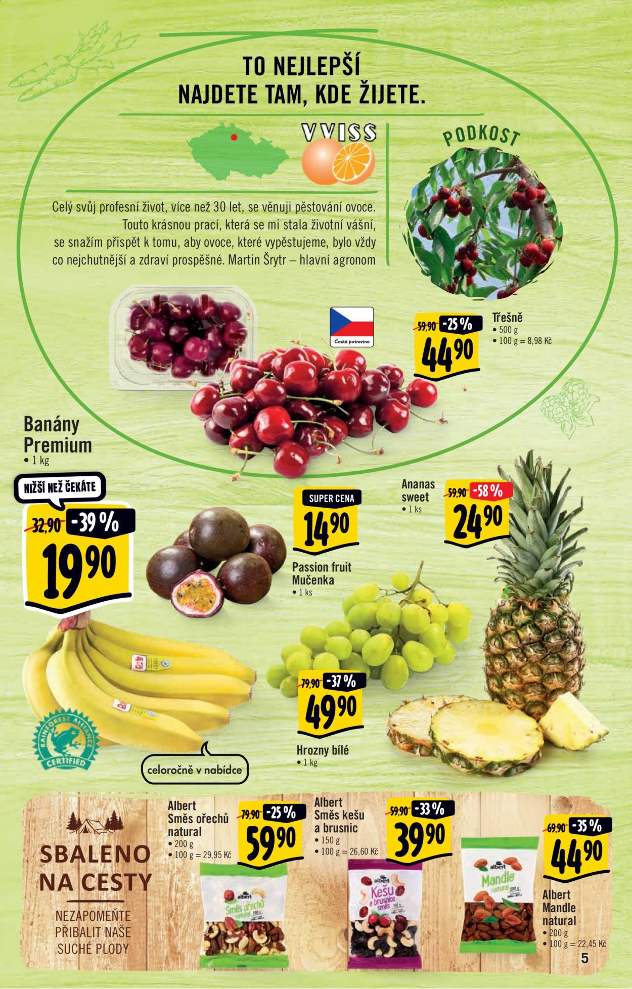thumbnail - Leták Albert Hypermarket - 21.7.2021 - 27.7.2021 - Produkty v akci - banány, ořechy, směs ořechů a ovoce, třešně, hrozny, marakuja, ananas, mandle. Strana 5.