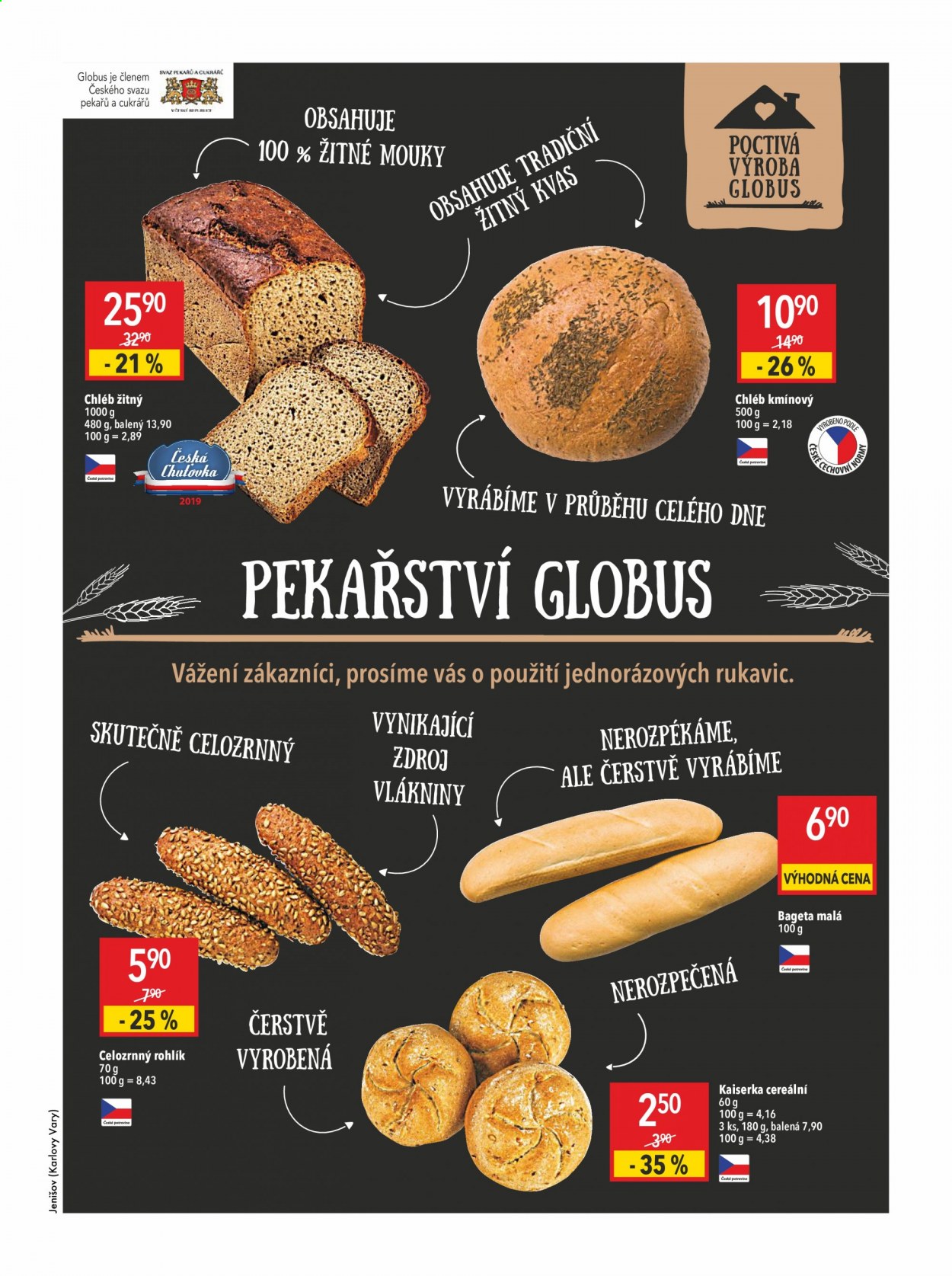 thumbnail - Leták Globus - 22.7.2021 - 28.7.2021 - Produkty v akci - rohlík, bageta, chléb, žitný chléb, kaiserka, pečivo, slané pečivo. Strana 9.