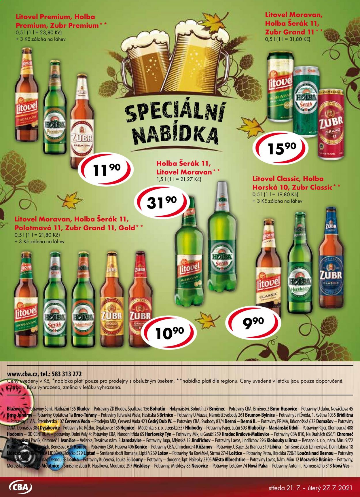 thumbnail - Leták CBA Premium - 21.7.2021 - 27.7.2021 - Produkty v akci - alkohol, Holba, Litovel, pivo, Šerák, Zubr. Strana 6.