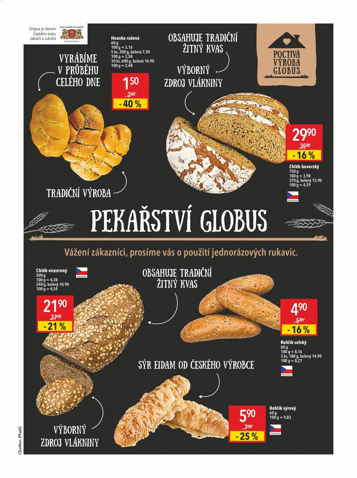 thumbnail - Leták Globus - 29.7.2021 - 4.8.2021 - Produkty v akci - sýrový rohlík, houska, chléb, vícezrnný chléb, pečivo, rohlík, slané pečivo. Strana 9.