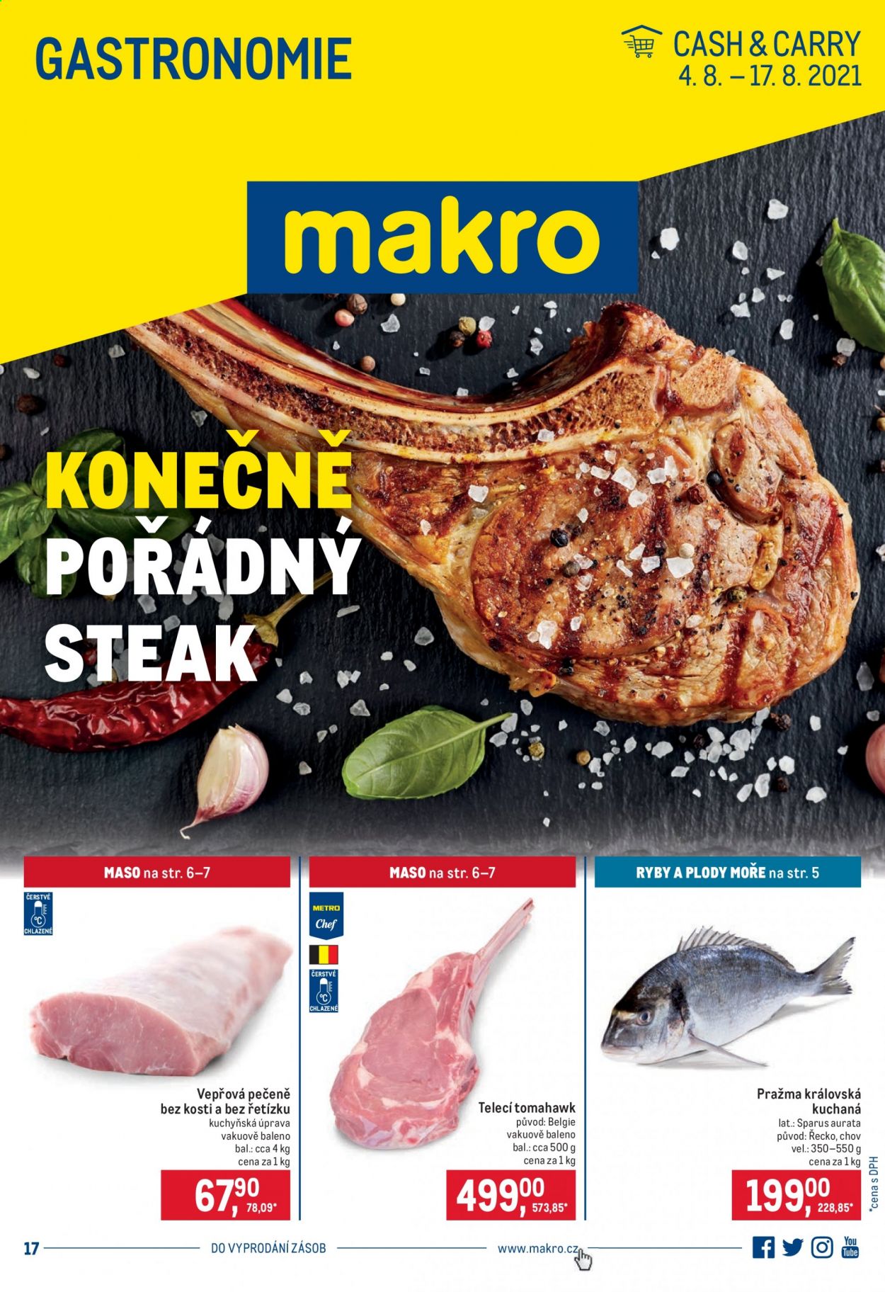 thumbnail - Leták MAKRO - 4.8.2021 - 17.8.2021 - Produkty v akci - pražma, vepřová pečeně, telecí maso. Strana 1.