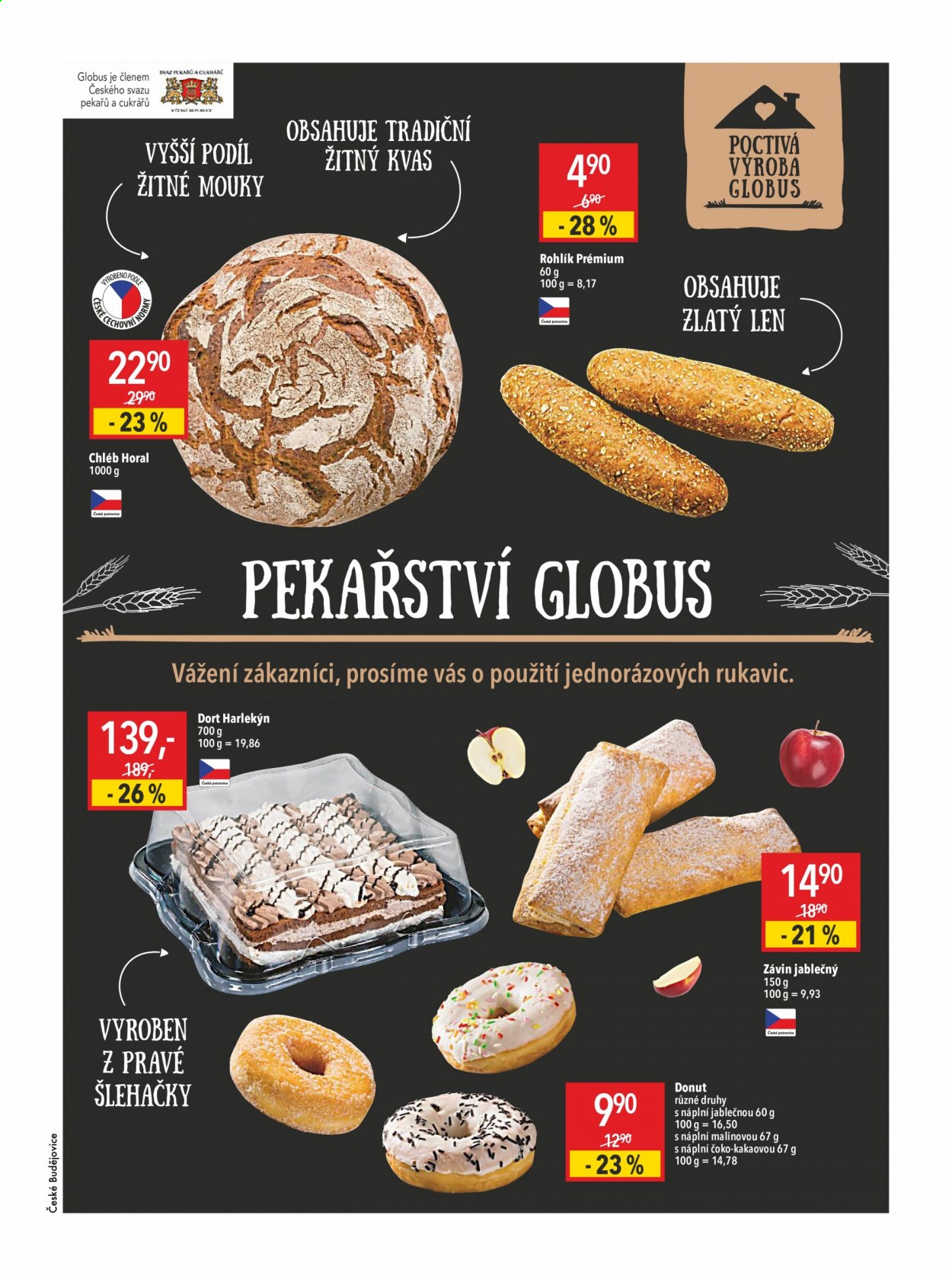 thumbnail - Leták Globus - 5.8.2021 - 11.8.2021 - Produkty v akci - dort, Harlekýn, závin, chléb, slané pečivo, pečivo, rohlík, donut, sladké pečivo. Strana 9.