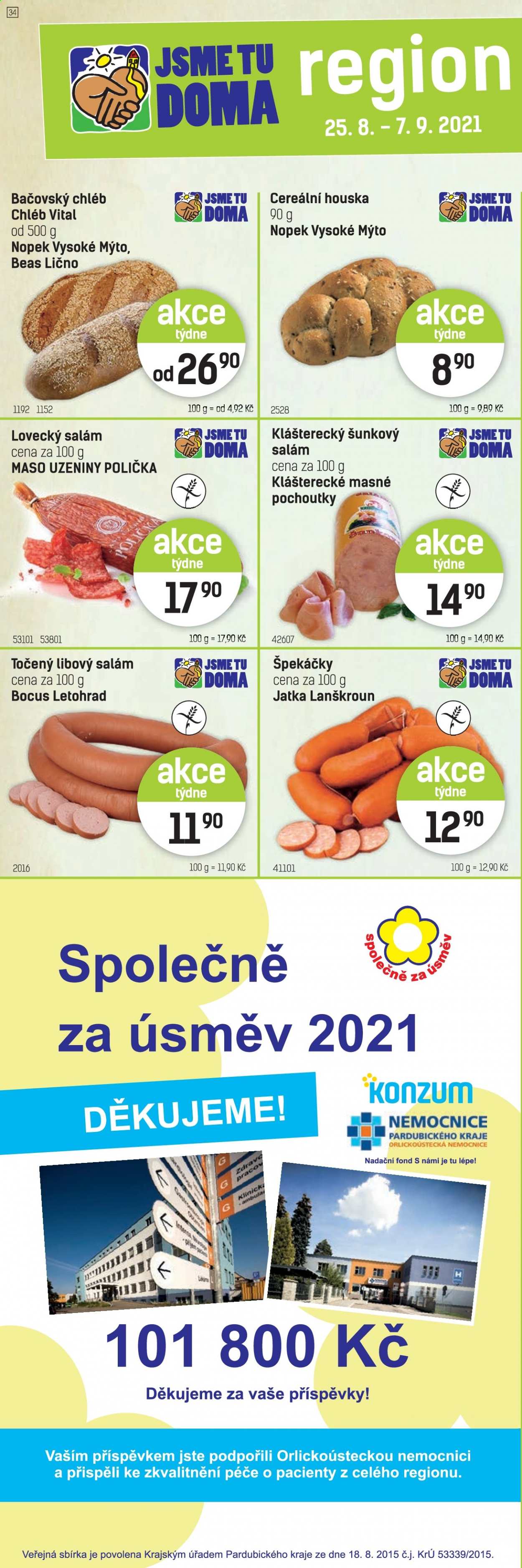 thumbnail - Leták Konzum - 25.8.2021 - 7.9.2021 - Produkty v akci - pečivo, chléb, houska, slané pečivo, salám, lovecký salám, šunkový salám, špekáčky. Strana 2.