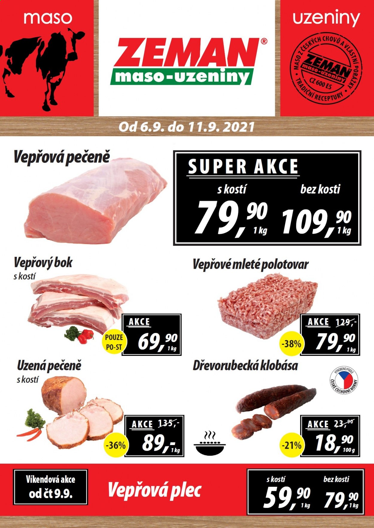 Leták ZEMAN maso-uzeniny - 6.9.2021 - 11.9.2021. Strana 1