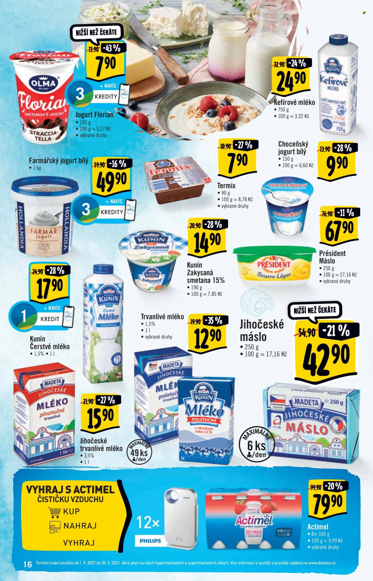 thumbnail - Leták Albert Hypermarket - 8.9.2021 - 14.9.2021 - Produkty v akci - kefírové mléko, termix, tvarohový dezert, Choceňská mlékárna, PRÉSIDENT, zakysaná smetana, čerstvé mléko, Kunín, máslo, plnotučné mléko, Actimel, jogurtový nápoj, Florian, bílý jogurt, Hollandia, jogurt, mléko, polotučné mléko, trvanlivé mléko. Strana 16.