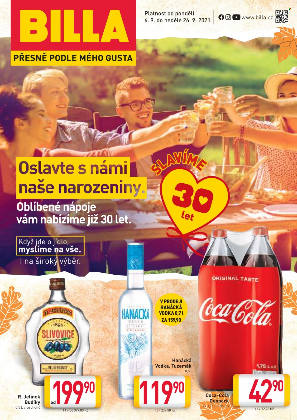 thumbnail - Leták BILLA - 6.9.2021 - 26.9.2021 - Produkty v akci - Coca-Cola, limonáda, R. Jelínek, slivovice, rum, Tuzemák, alkohol, Hanácká vodka, vodka. Strana 1.