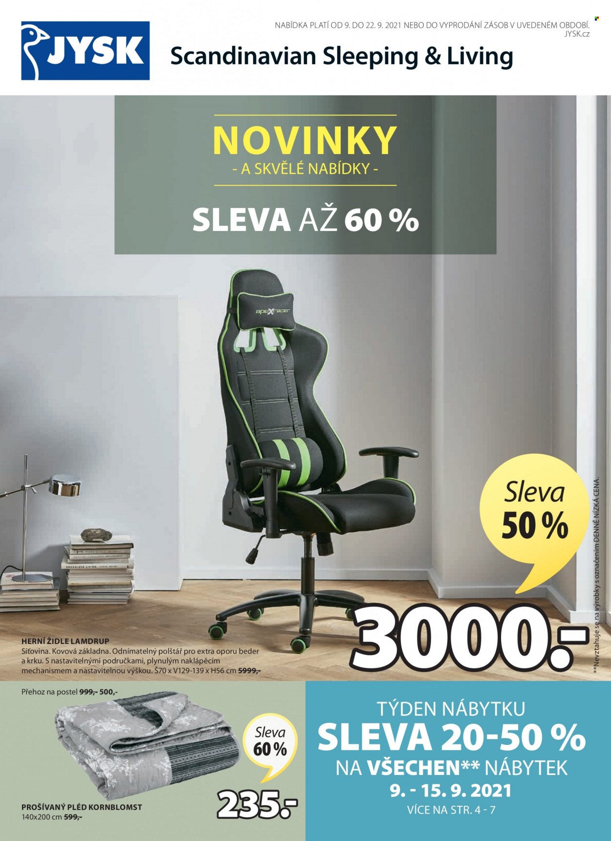 thumbnail - Leták JYSK - 9.9.2021 - 22.9.2021 - Produkty v akci - židle, přehoz, pléd, herní židle. Strana 1.