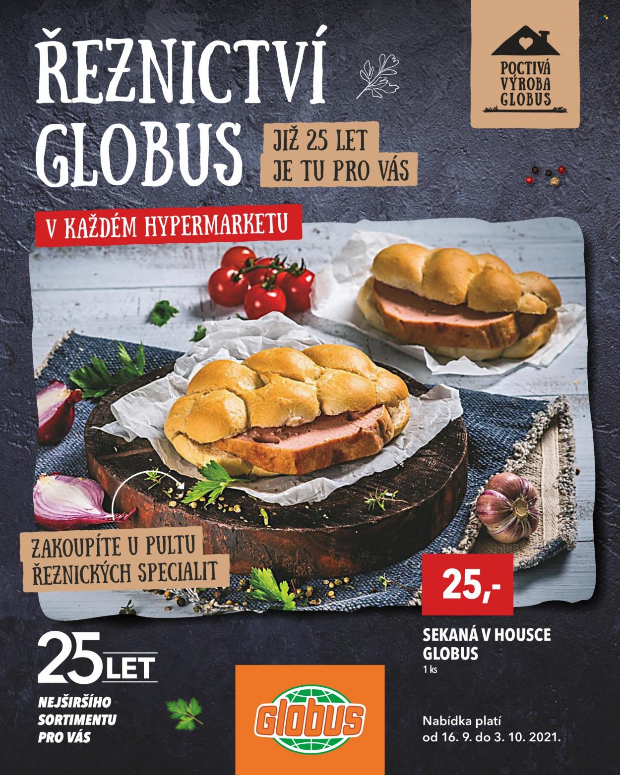 thumbnail - Leták Globus - 16.9.2021 - 3.10.2021 - Produkty v akci - hotové jídlo, sekaná v housce. Strana 1.