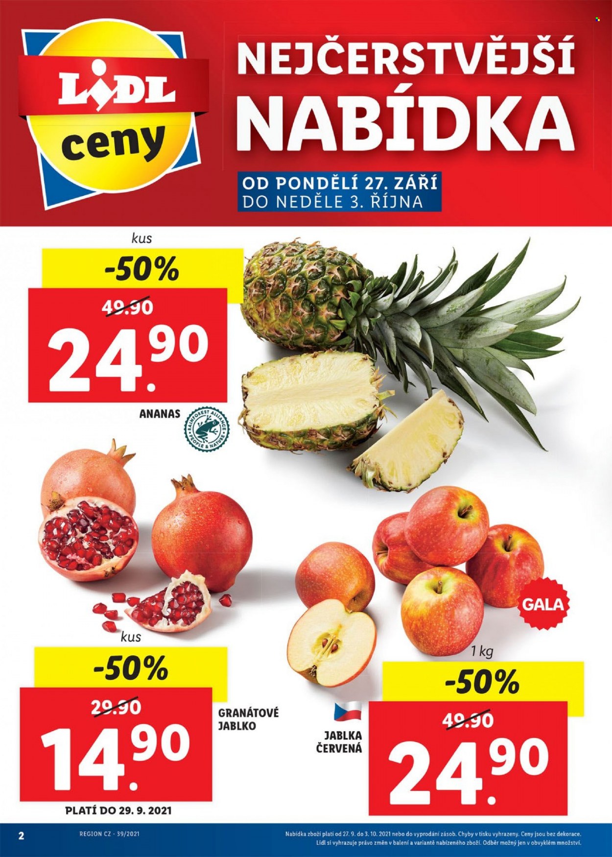 thumbnail - Leták Lidl - 27.9.2021 - 3.10.2021 - Produkty v akci - ananas, jablka. Strana 2.