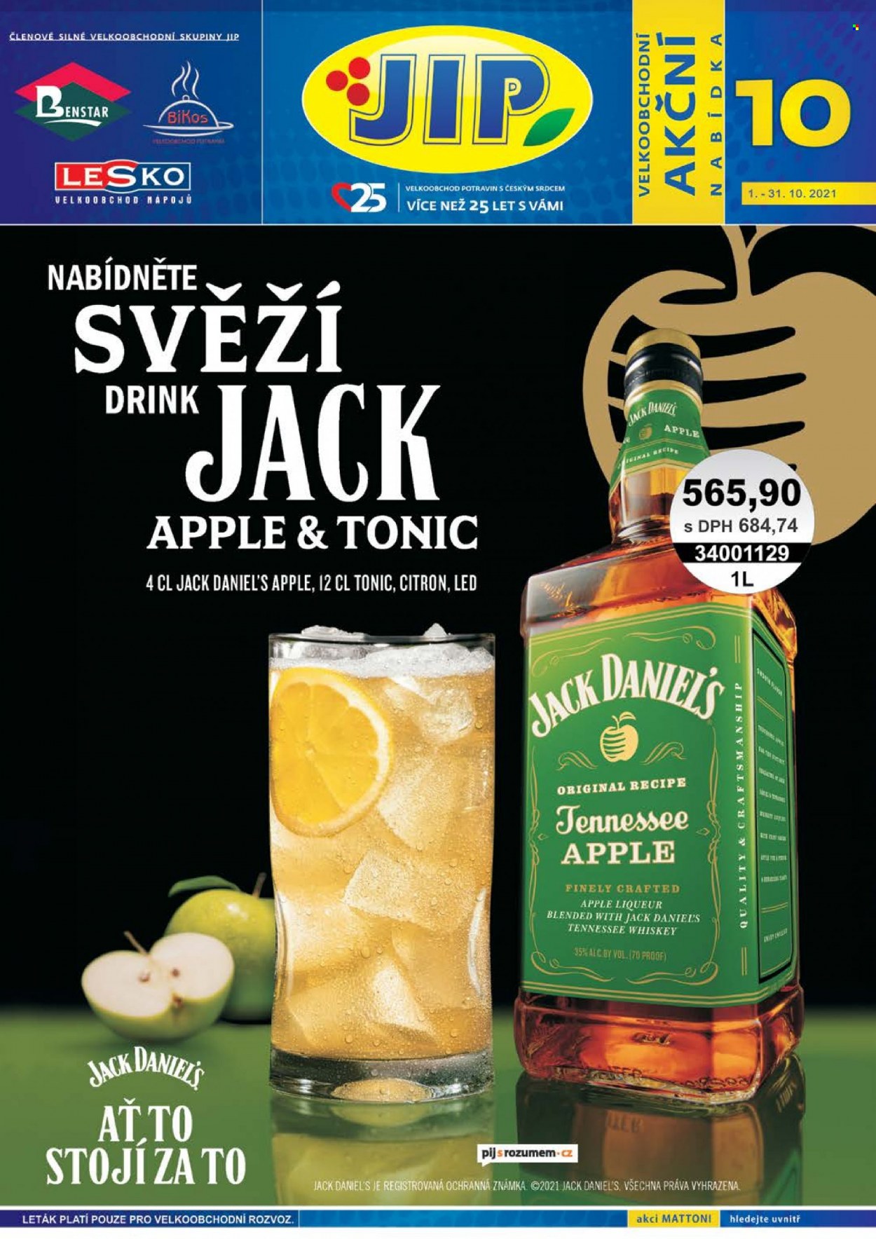 thumbnail - Leták JIP - 1.10.2021 - 31.10.2021 - Produkty v akci - minerální voda, Mattoni, alkohol, whisky, Jack Daniel’s. Strana 1.