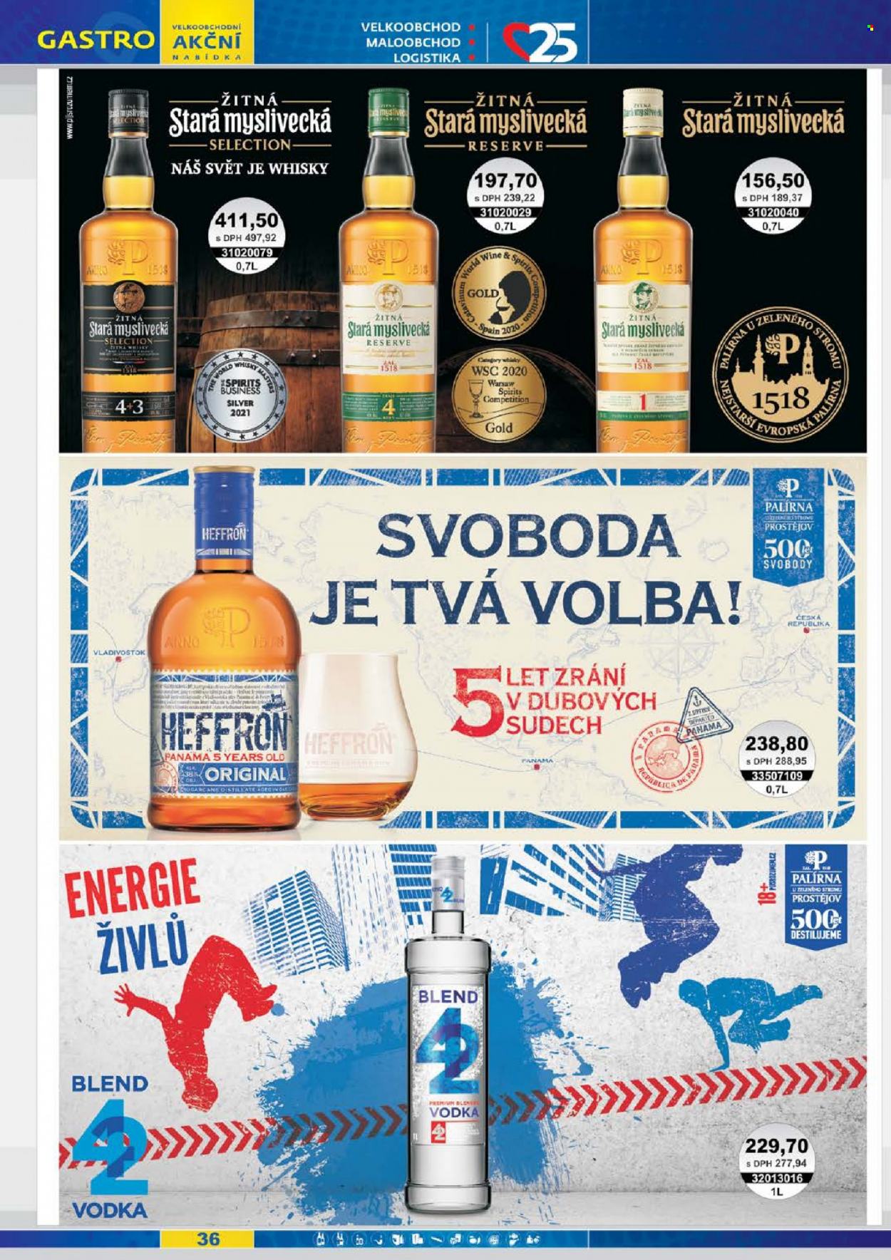 thumbnail - Leták JIP - 1.10.2021 - 31.10.2021 - Produkty v akci - alkohol, Stará Myslivecká, vodka, rum, whisky, Heffron, Žitná. Strana 36.