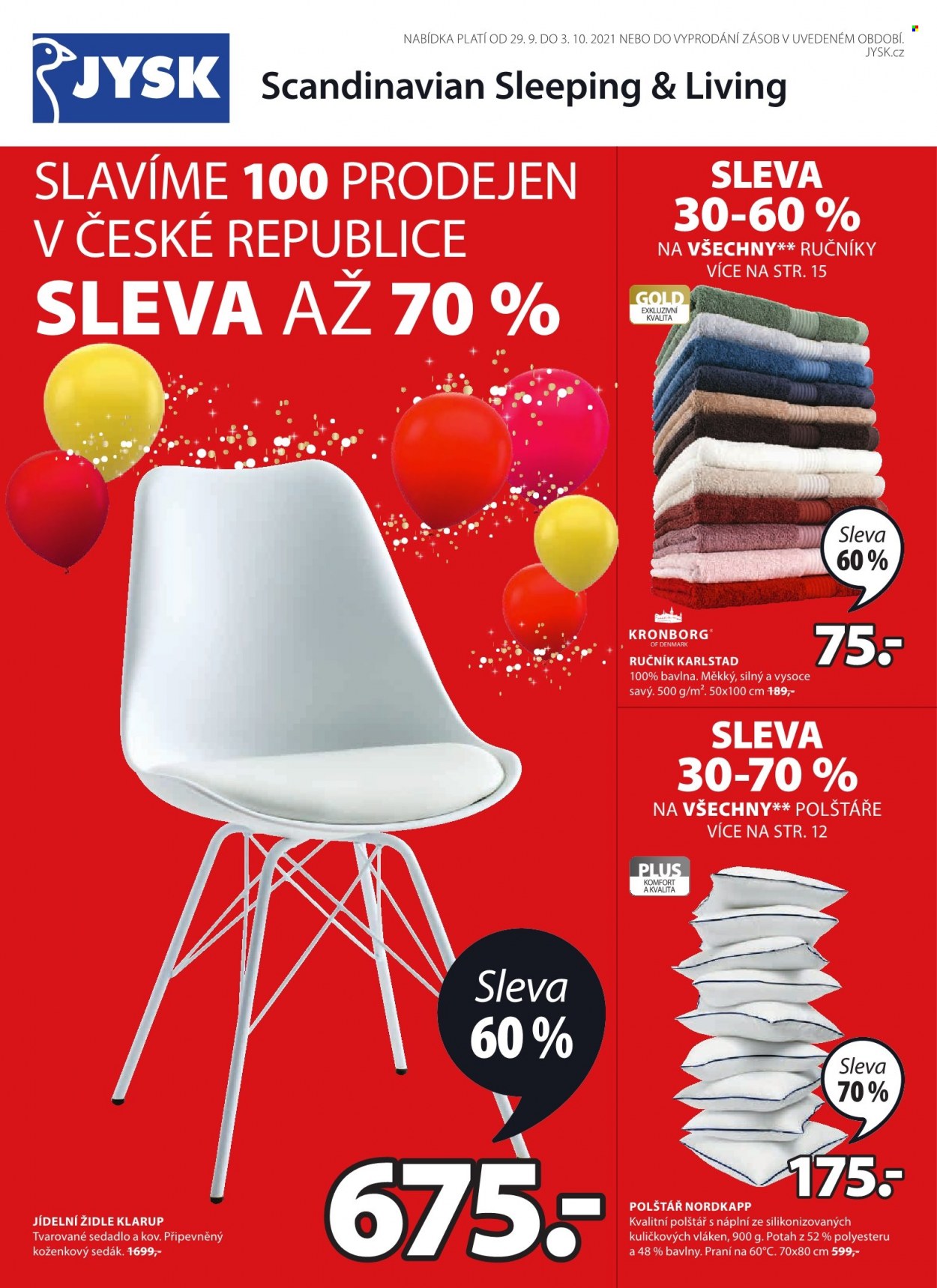 Leták JYSK - 29.9.2021 - 3.10.2021 - Produkty v akci - jídelní židle, židle, ručník, KRONBORG, potah. Strana 1.