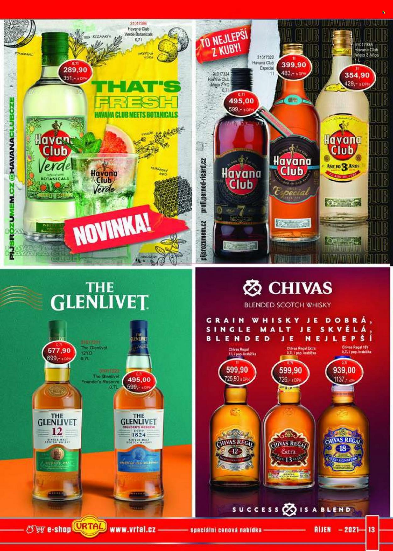 thumbnail - Leták Vrtal - 1.10.2021 - 31.10.2021 - Produkty v akci - alkohol, rum, whisky, Chivas Regal, Havana Club, The Glenlivet. Strana 13.