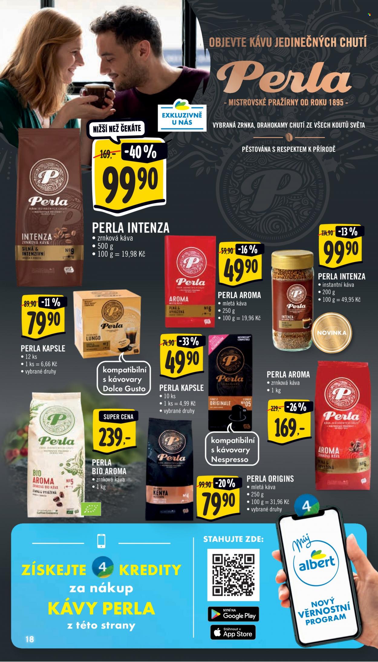 thumbnail - Leták Albert Supermarket - 6.10.2021 - 12.10.2021 - Produkty v akci - instantní káva, kapsle, kávové kapsle, zrnková káva, káva, mletá káva, Perla. Strana 18.