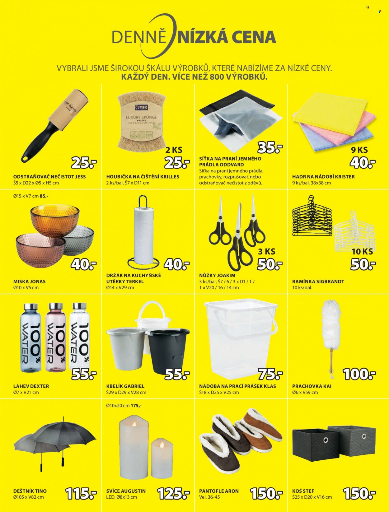 thumbnail - Leták JYSK - 4.10.2021 - 20.10.2021 - Produkty v akci - miska, láhev, koš, nůžky, svíčka, čisticí houbičky, kbelík, mycí hadr, prachovka, ramínka, pantofle, deštník. Strana 9.