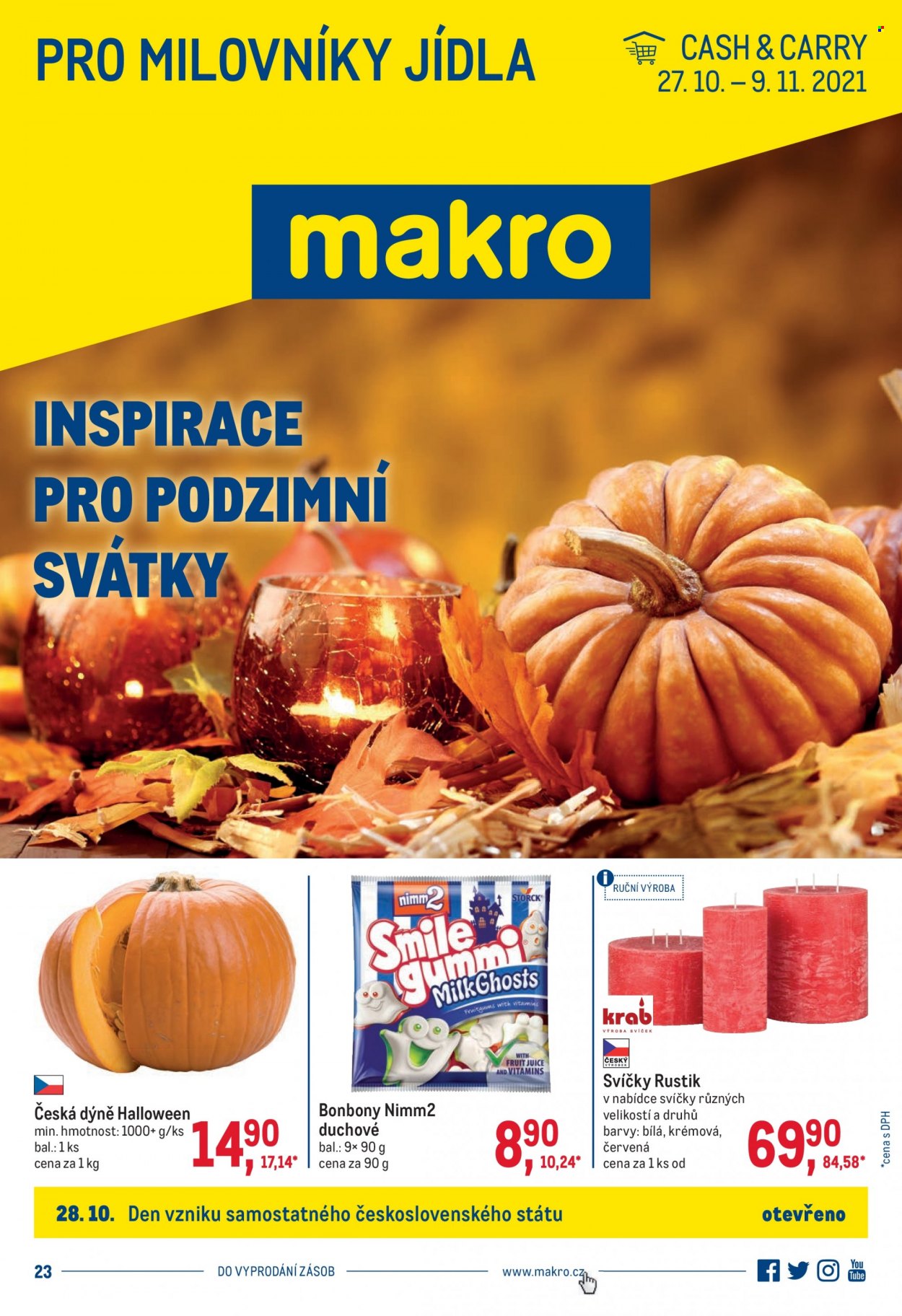thumbnail - Leták MAKRO - 27.10.2021 - 9.11.2021 - Produkty v akci - dýně, bonbóny, gumové bonbóny, Nimm2, svíčka. Strana 1.