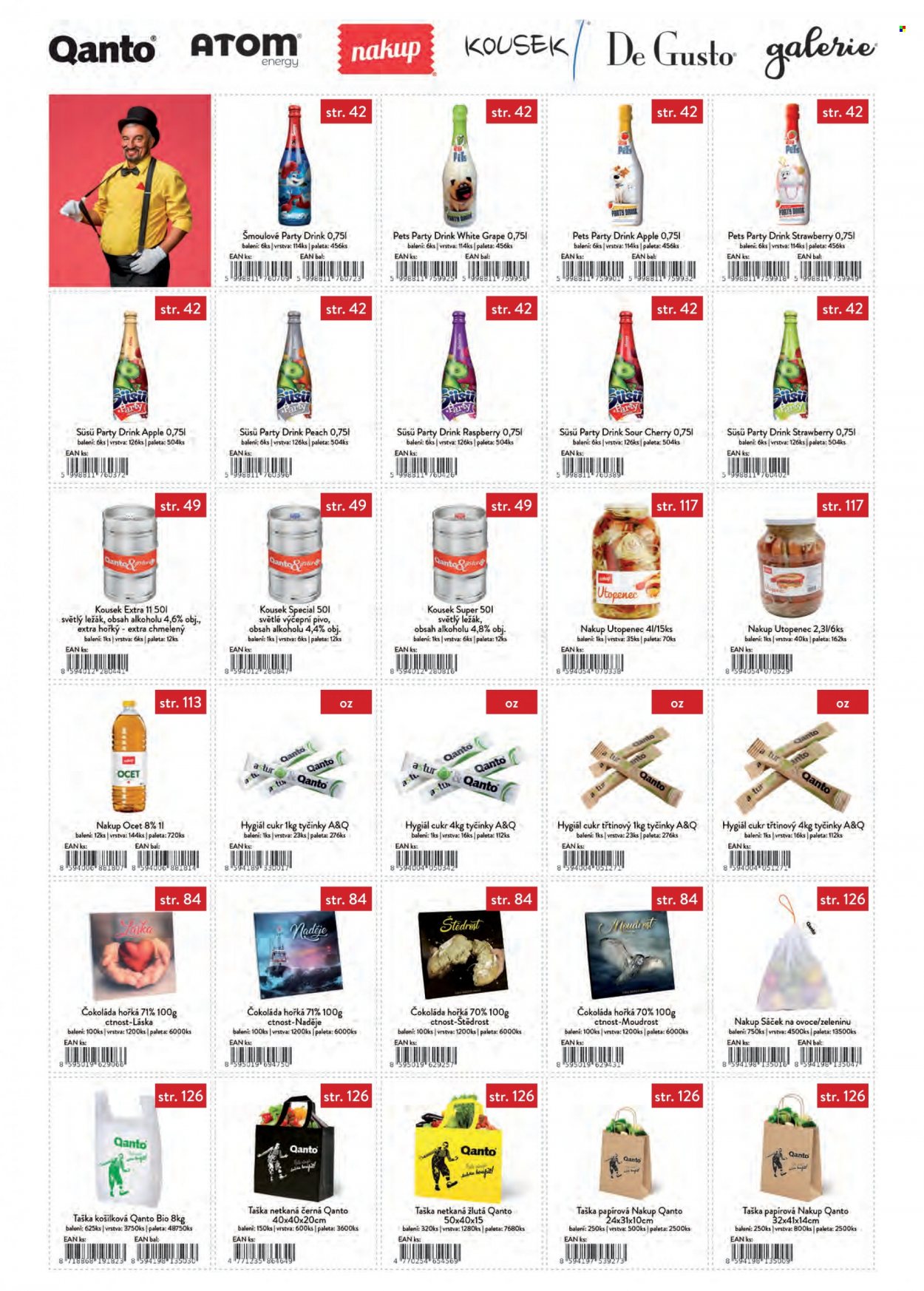 thumbnail - Leták Astur & Qanto velkoobchod - 1.11.2021 - 30.11.2021 - Produkty v akci - utopenci, čokoláda, hořká čokoláda, cukr, třtinový cukr, ocet, světlé pivo, světlý ležák, ležák, pivo, alkohol, paletka, papírová taška, mikrotenové sáčky. Strana 4.