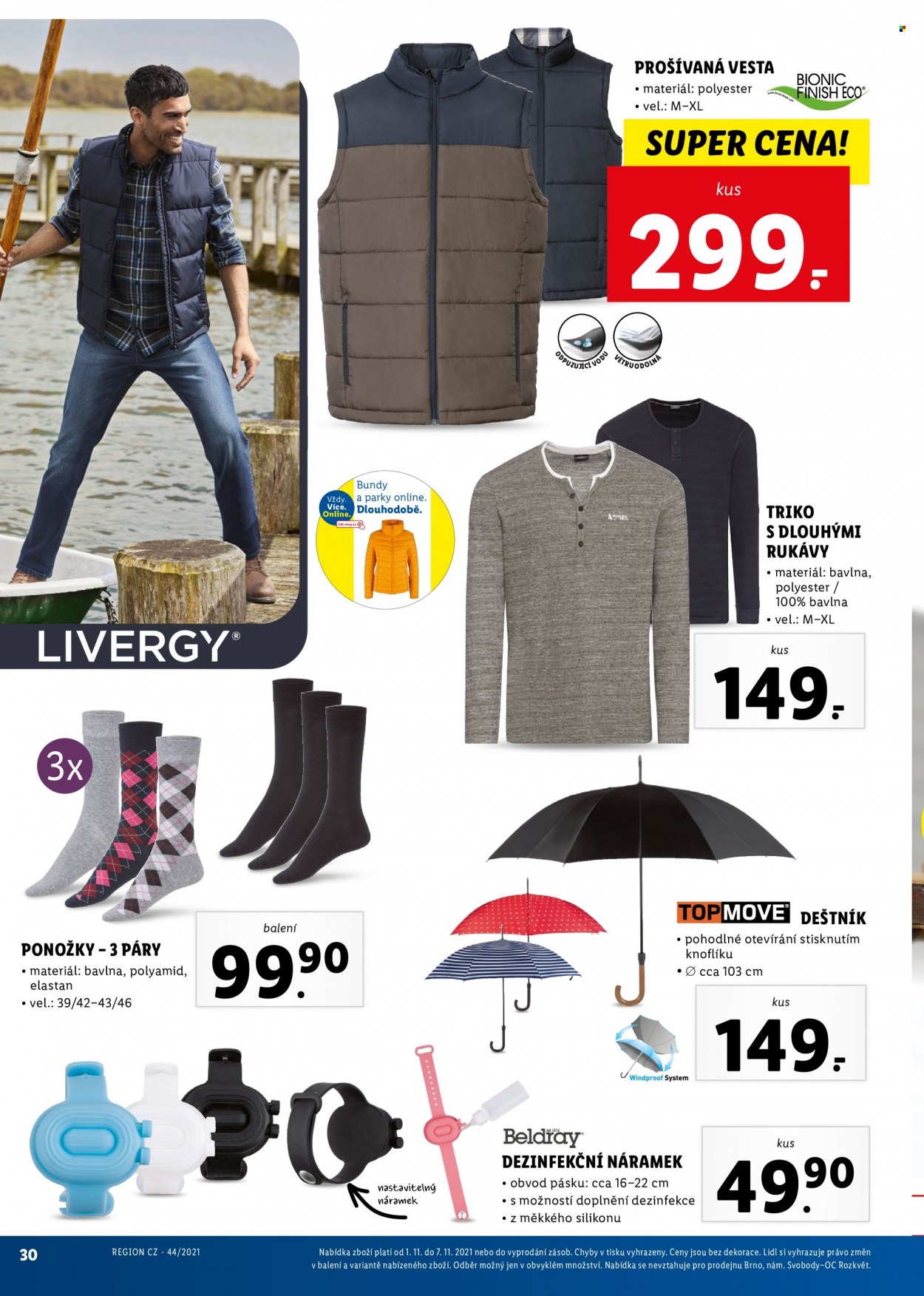thumbnail - Leták Lidl - 1.11.2021 - 7.11.2021 - Produkty v akci - vesta, tričko, tričko s dlouhým rukávem, ponožky, deštník, náramek. Strana 30.
