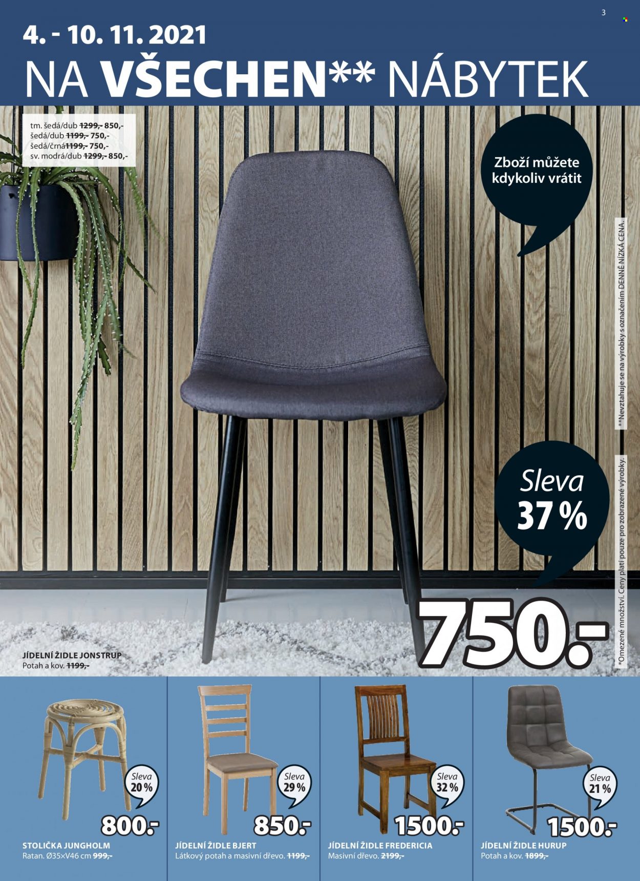 thumbnail - Leták JYSK - 4.11.2021 - 17.11.2021 - Produkty v akci - jídelní židle, stolička, židle. Strana 3.