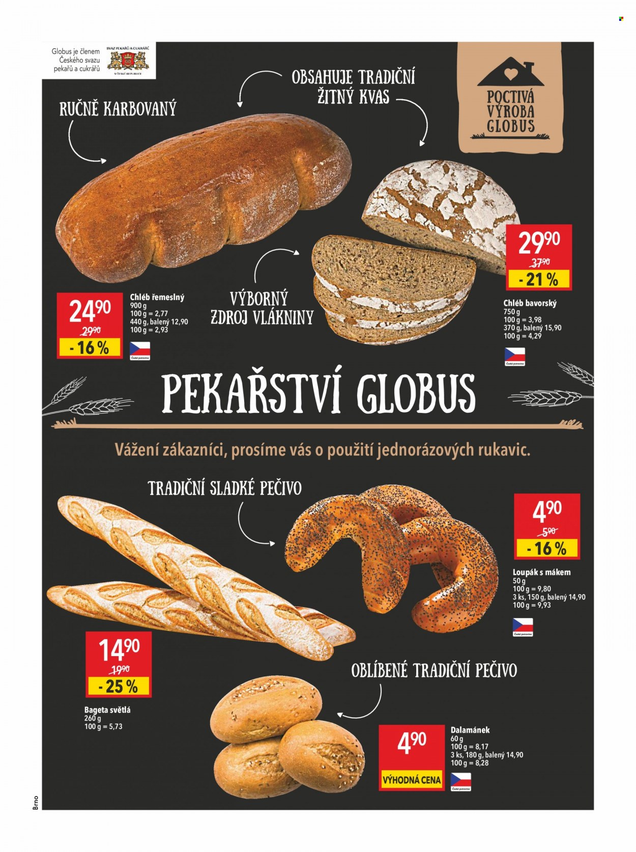 thumbnail - Leták Globus - 11.11.2021 - 17.11.2021 - Produkty v akci - pečivo, chléb, bageta, dalamánek, slané pečivo, loupák, sladké pečivo. Strana 9.