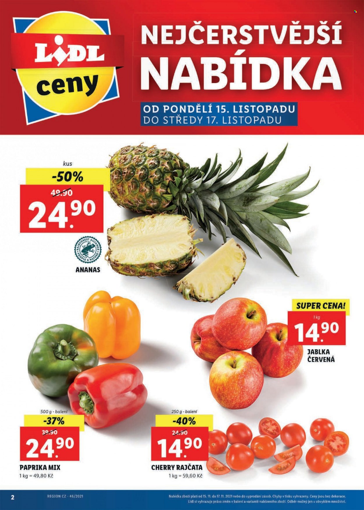 thumbnail - Leták Lidl - 15.11.2021 - 21.11.2021 - Produkty v akci - rajčata, paprika, rajčata cherry, ananas, jablka. Strana 2.