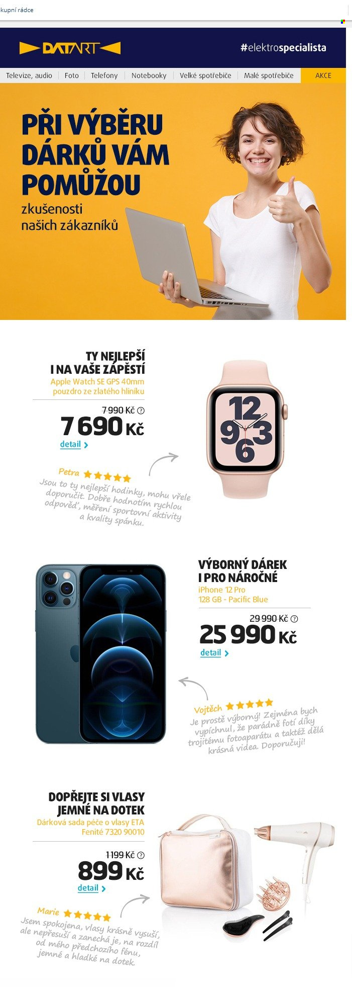 thumbnail - Leták DATART - 24.11.2021 - 30.11.2021 - Produkty v akci - dárková sada, ETA, Apple, iPhone, iPhone 12, iPhone 12 Pro, chytré hodinky, hodinky, Apple Watch, televize, vysoušeč vlasů. Strana 1.