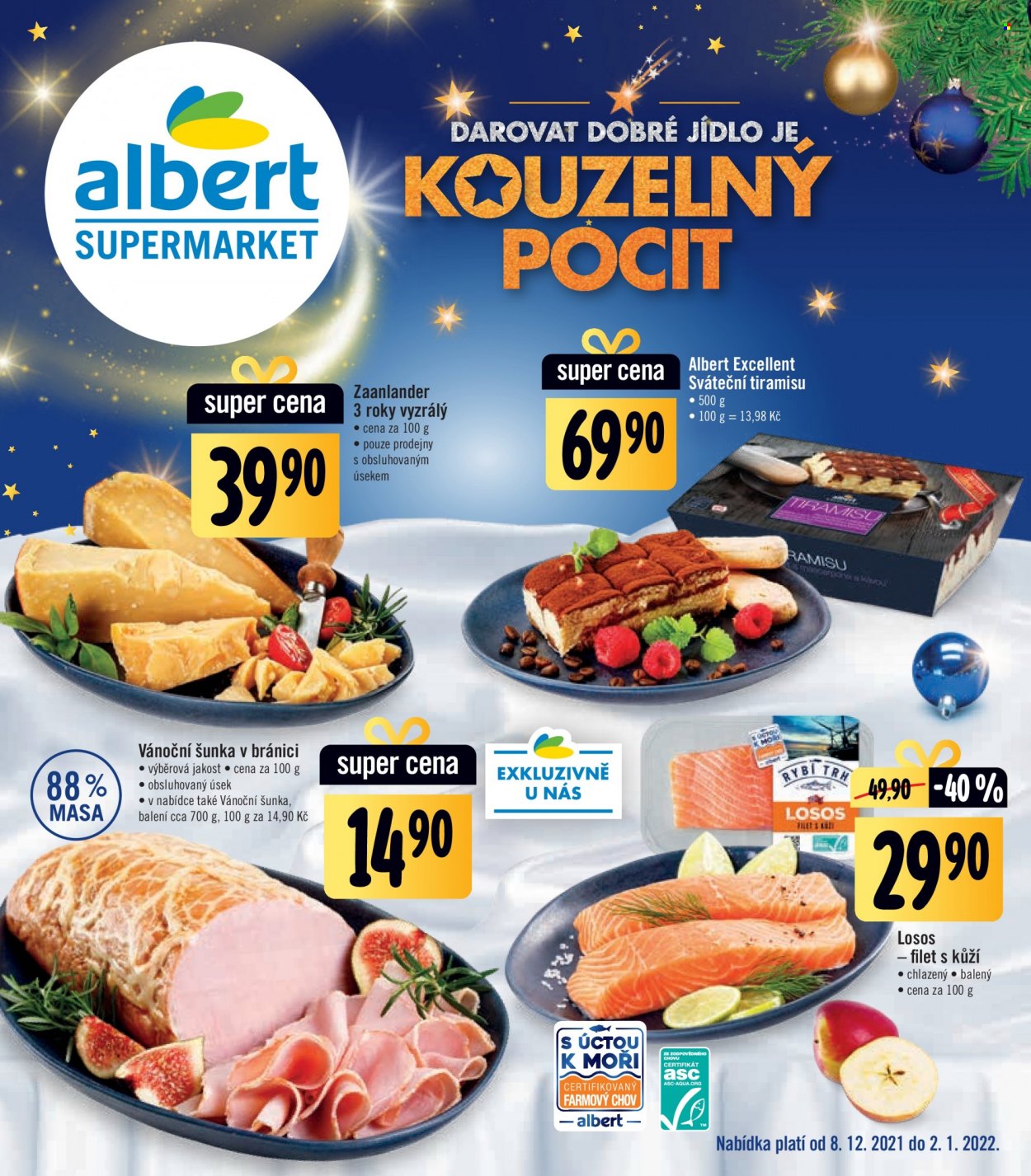 thumbnail - Leták Albert Supermarket - 8.12.2021 - 2.1.2022 - Produkty v akci - Albert Excellent, tiramisu, sýr, Zaanlander, šunka, vánoční šunka, losos, rybí filet. Strana 1.