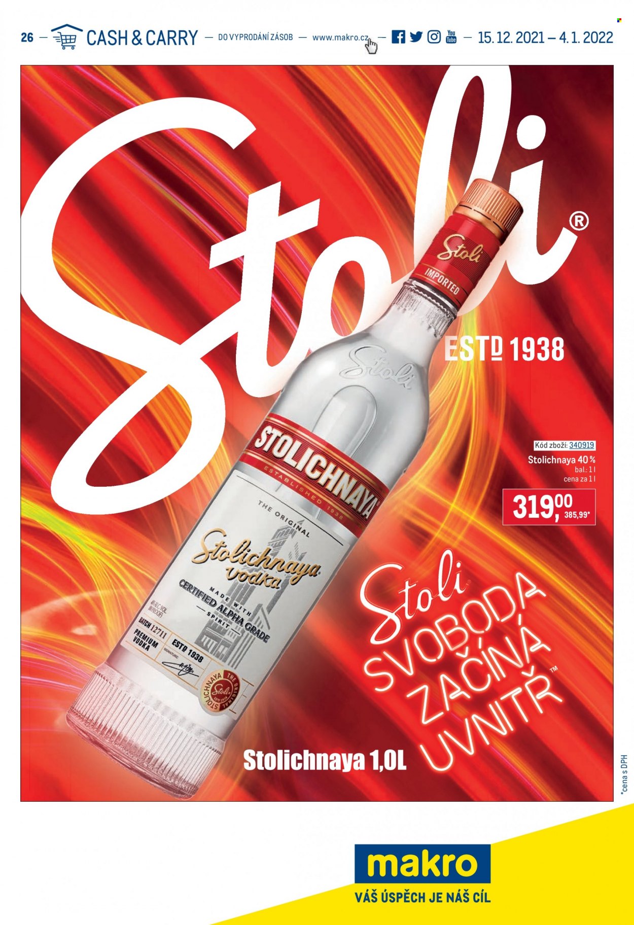 thumbnail - Leták MAKRO - 15.12.2021 - 4.1.2022 - Produkty v akci - alkohol, Stolichnaya, vodka. Strana 1.