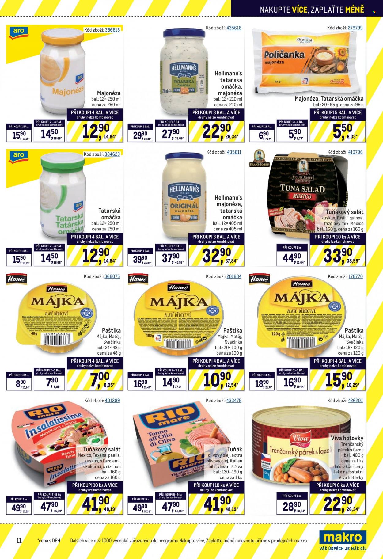 thumbnail - Leták MAKRO - 15.12.2021 - 1.2.2022 - Produkty v akci - Hellmann’s, majonéza, tatarská omáčka, Májka, Matěj, paštika, tuňákový salát, Rio Mare, tuňák v konzervě, hotové jídlo, párky s fazolemi, Viva. Strana 11.