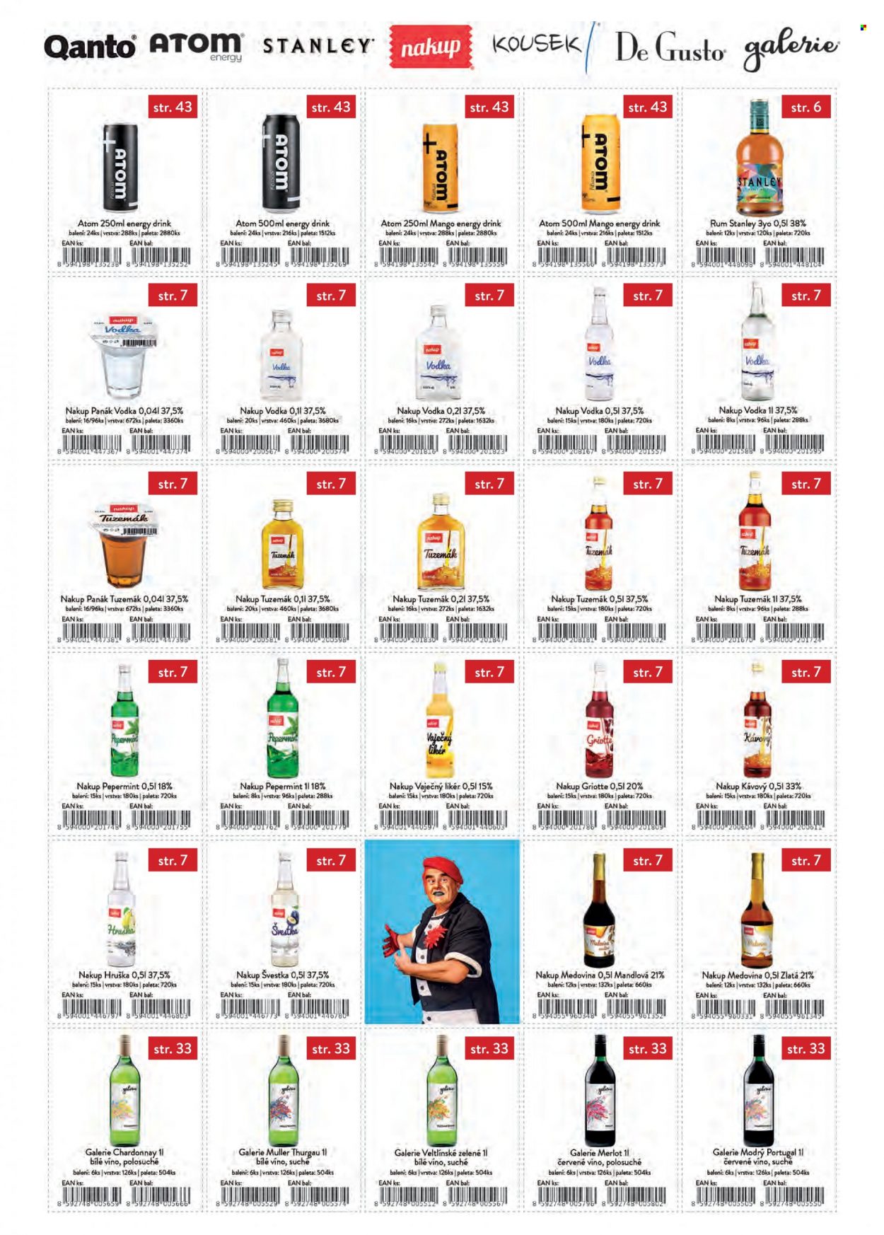 thumbnail - Leták Astur & Qanto velkoobchod - 1.1.2022 - 31.1.2022 - Produkty v akci - mango, švestky, energetický nápoj, alkohol, bílé víno, červené víno, Chardonnay, Merlot, Müller Thurgau, víno, Modrý Portugal, Veltlínské zelené, vodka, rum, vaječný likér, Tuzemák, griotka, likér, medovina, paletka, Stanley. Strana 2.